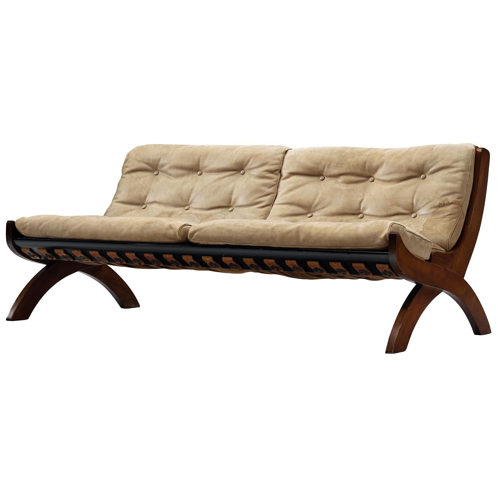 Marco Comolli Sofa in Walnut and Taupe Leather For Sale