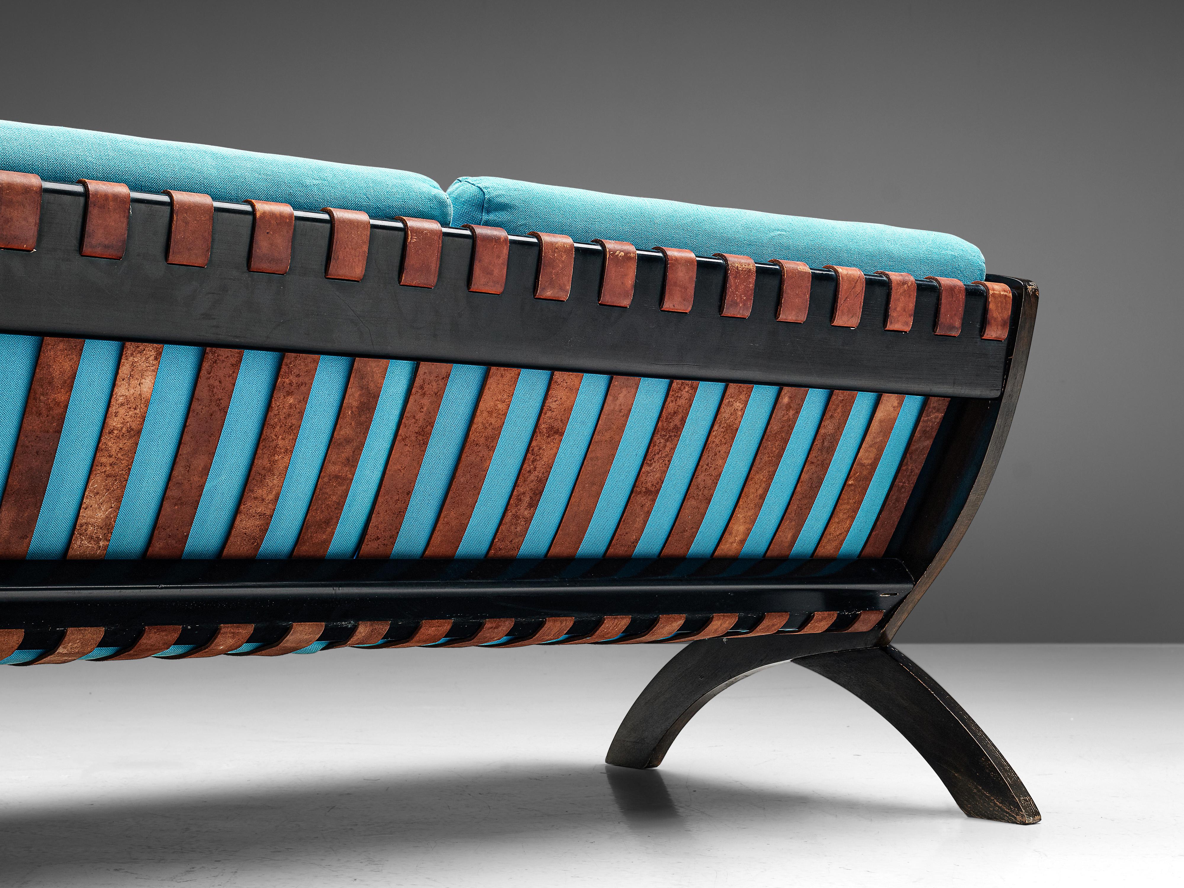 Mid-Century Modern Marco Comolli Sofa in Walnut and Turquoise Upholstery