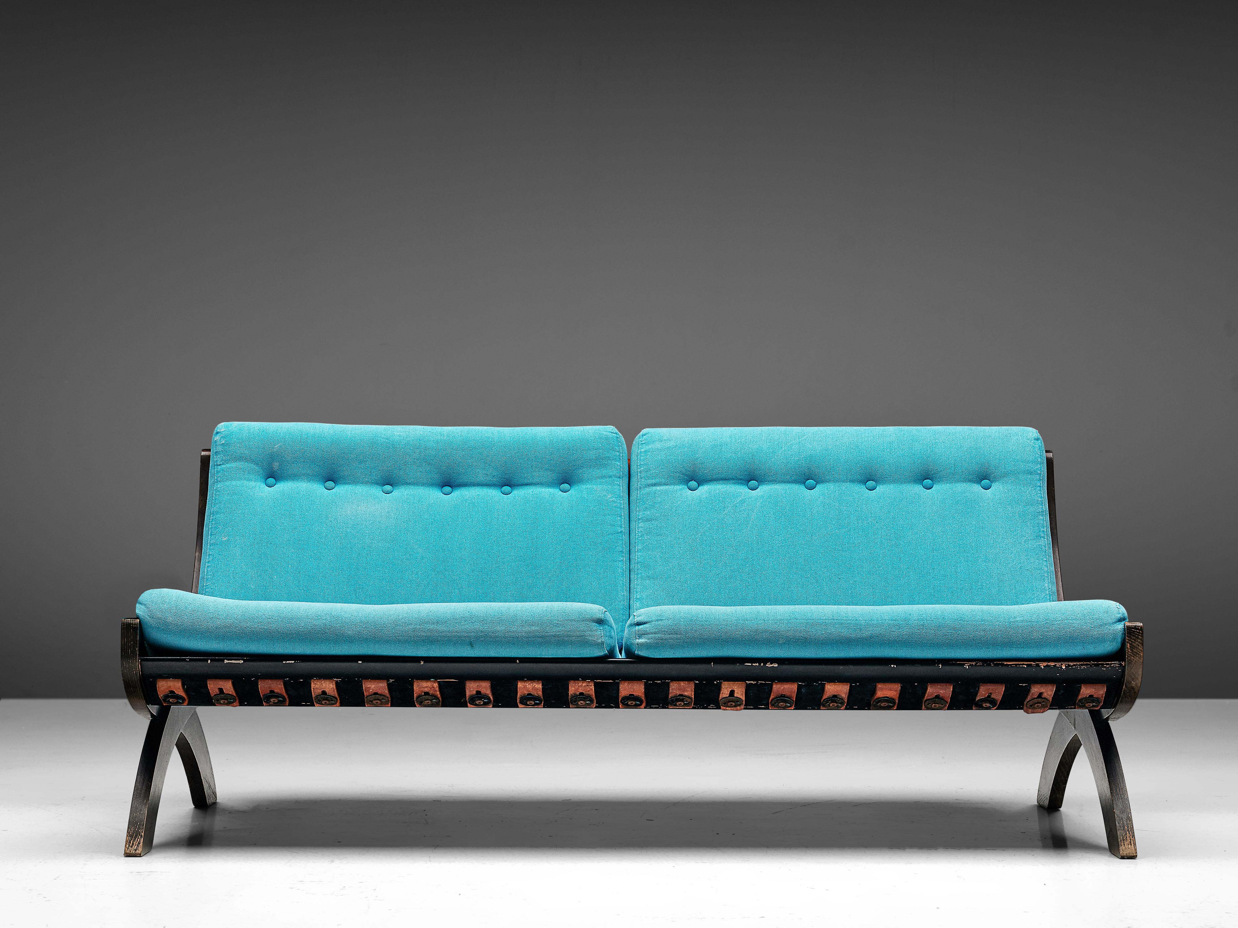 Italian Marco Comolli Sofa in Walnut and Turquoise Upholstery