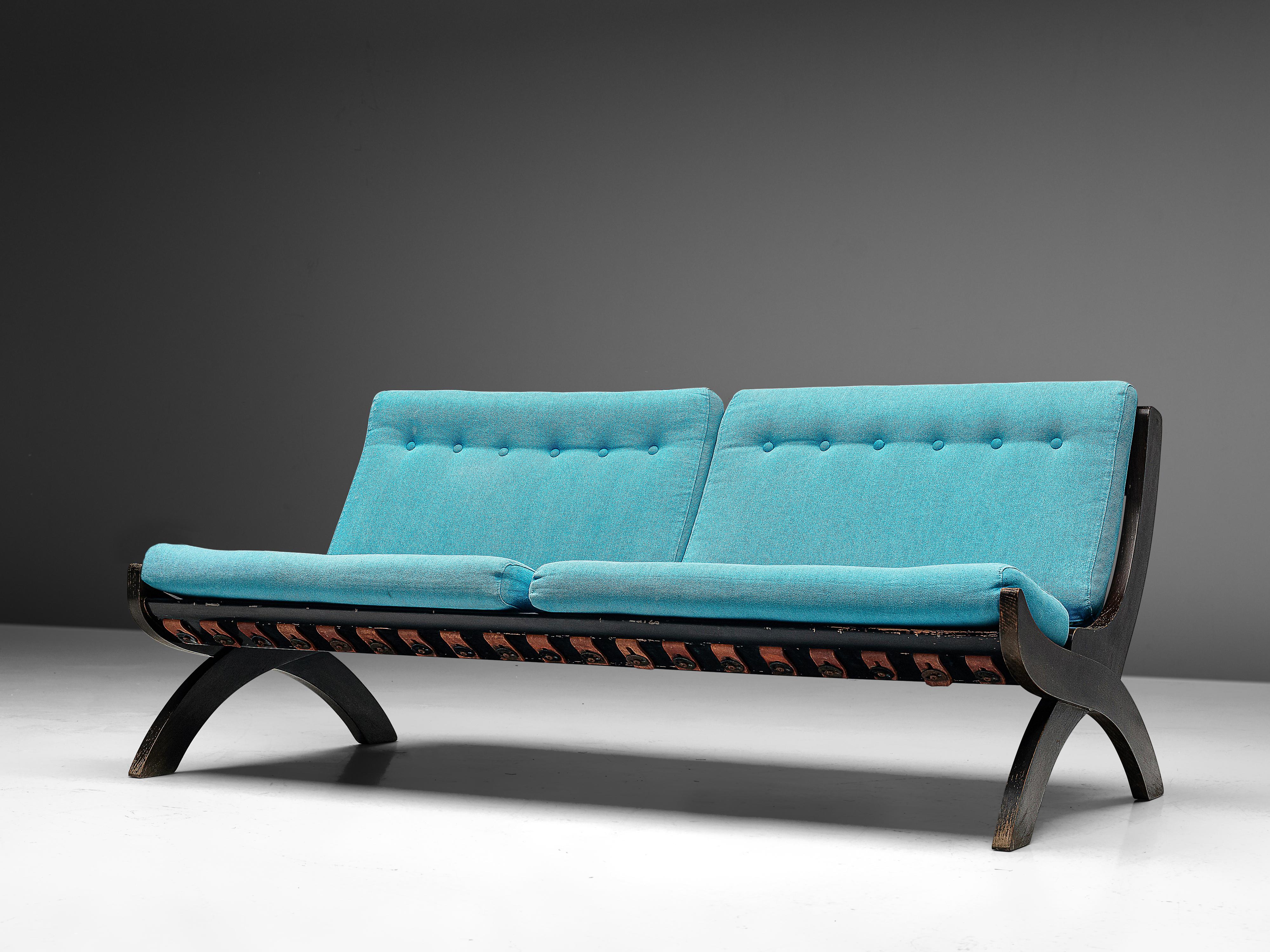 Mid-20th Century Marco Comolli Sofa in Walnut and Turquoise Upholstery