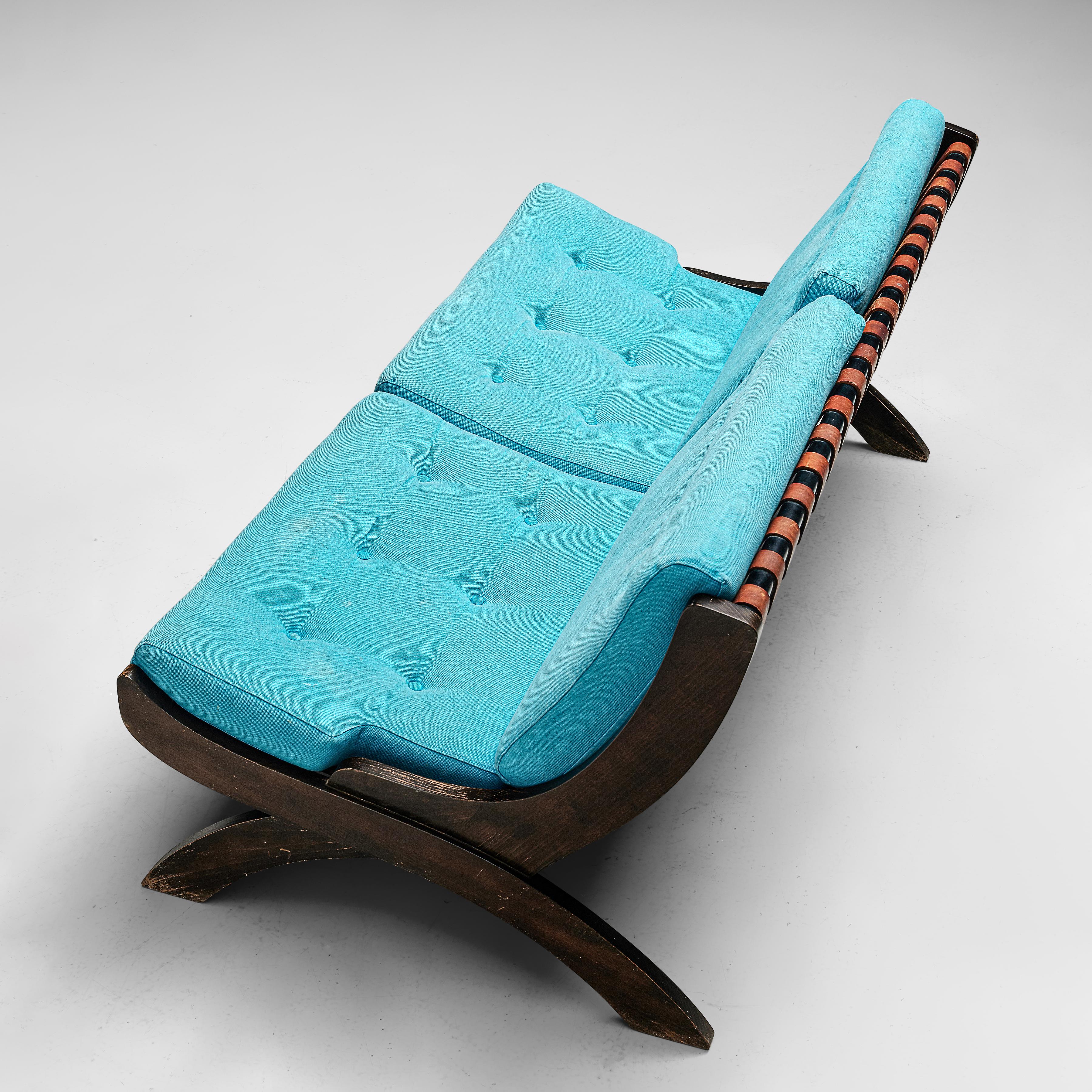 Marco Comolli Sofa in Walnut and Turquoise Upholstery 1