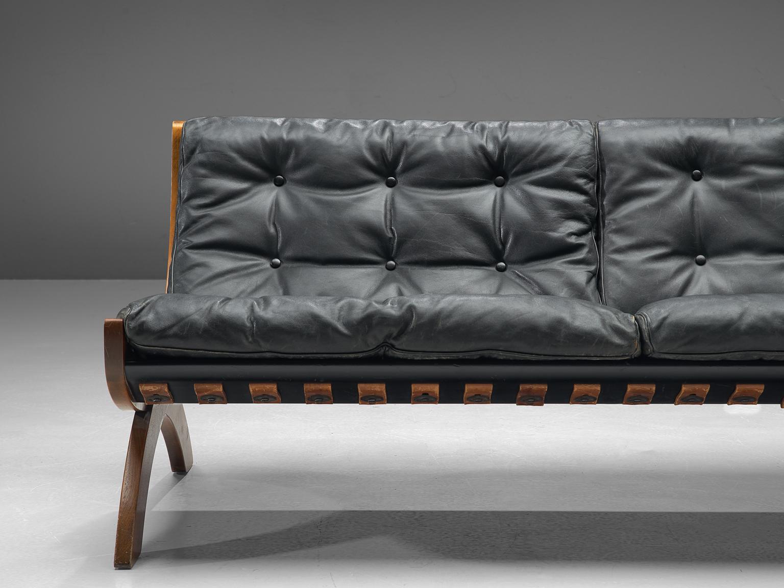 Mid-Century Modern Marco Comolli Walnut Sofa with Black Leather