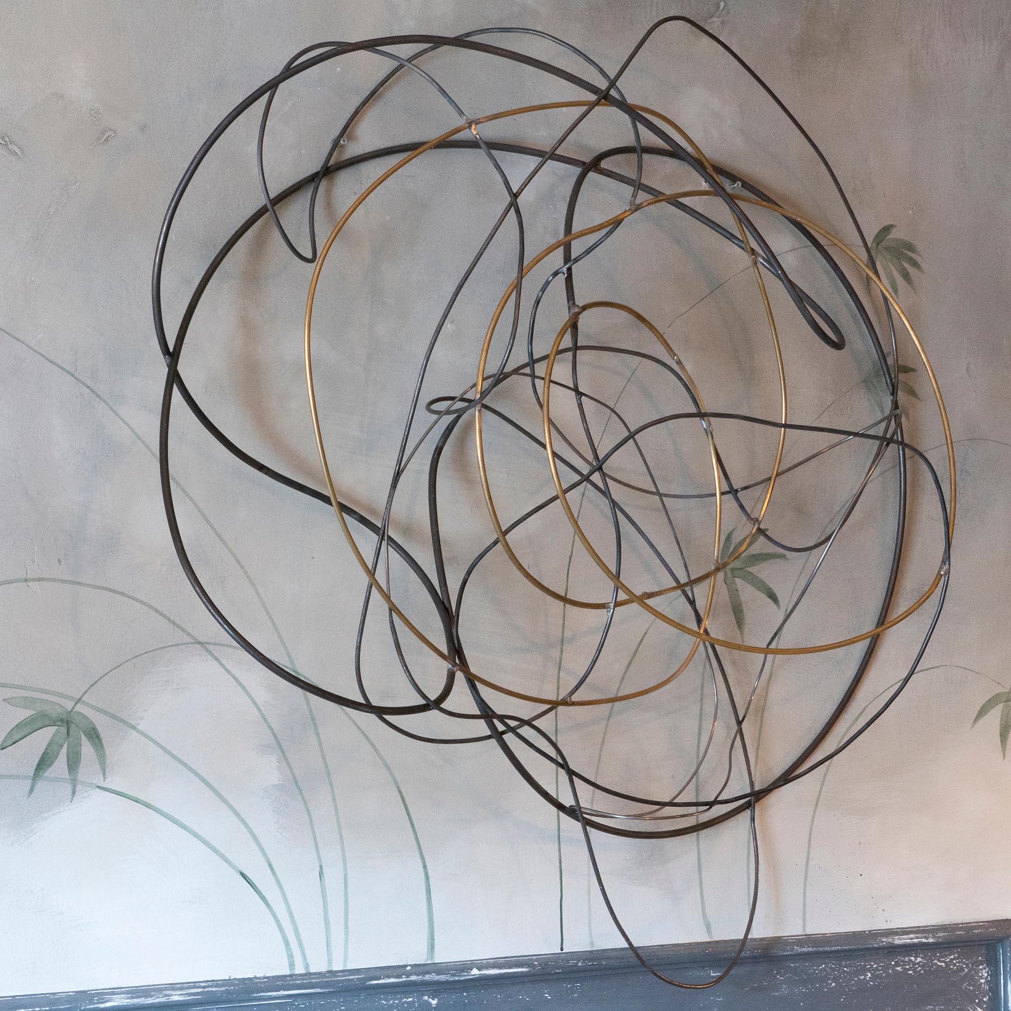 Contemporary abstract natural steel and natural brass wall sculpture, Marco Croce, 2018.
 