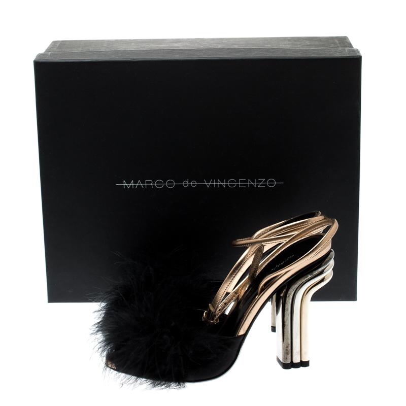 Marco De Vincenzo Black Feathers Embellished Ankle Strap Sandals Size 36 1