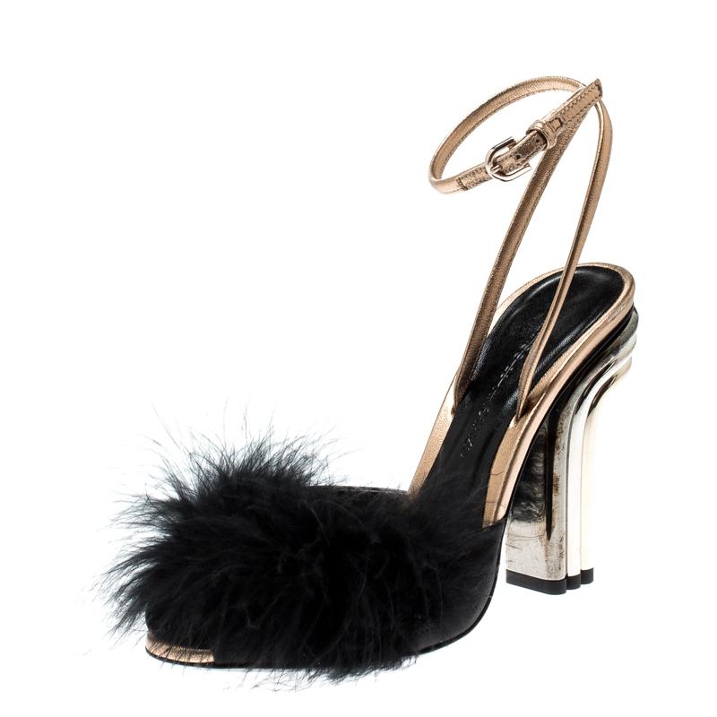 Marco De Vincenzo Black Feathers Embellished Ankle Strap Sandals Size 36 2