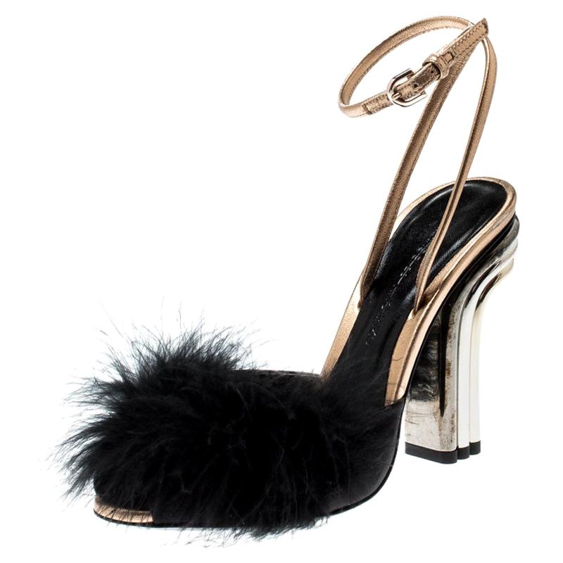 Marco De Vincenzo Black Feathers Embellished Ankle Strap Sandals Size 36