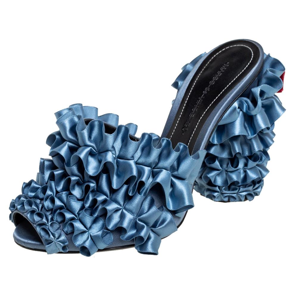 Marco de vincenzo Blue Satin Ruffle Mule Sandals Size 37.5