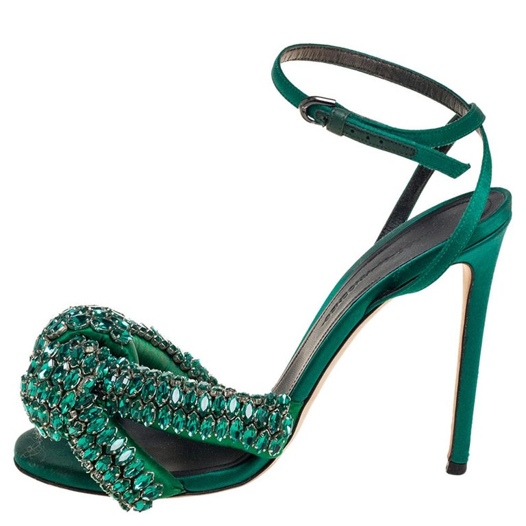 Marco de vincenzo Green Crystal Embellished Satin Knotted Ankle Strap ...