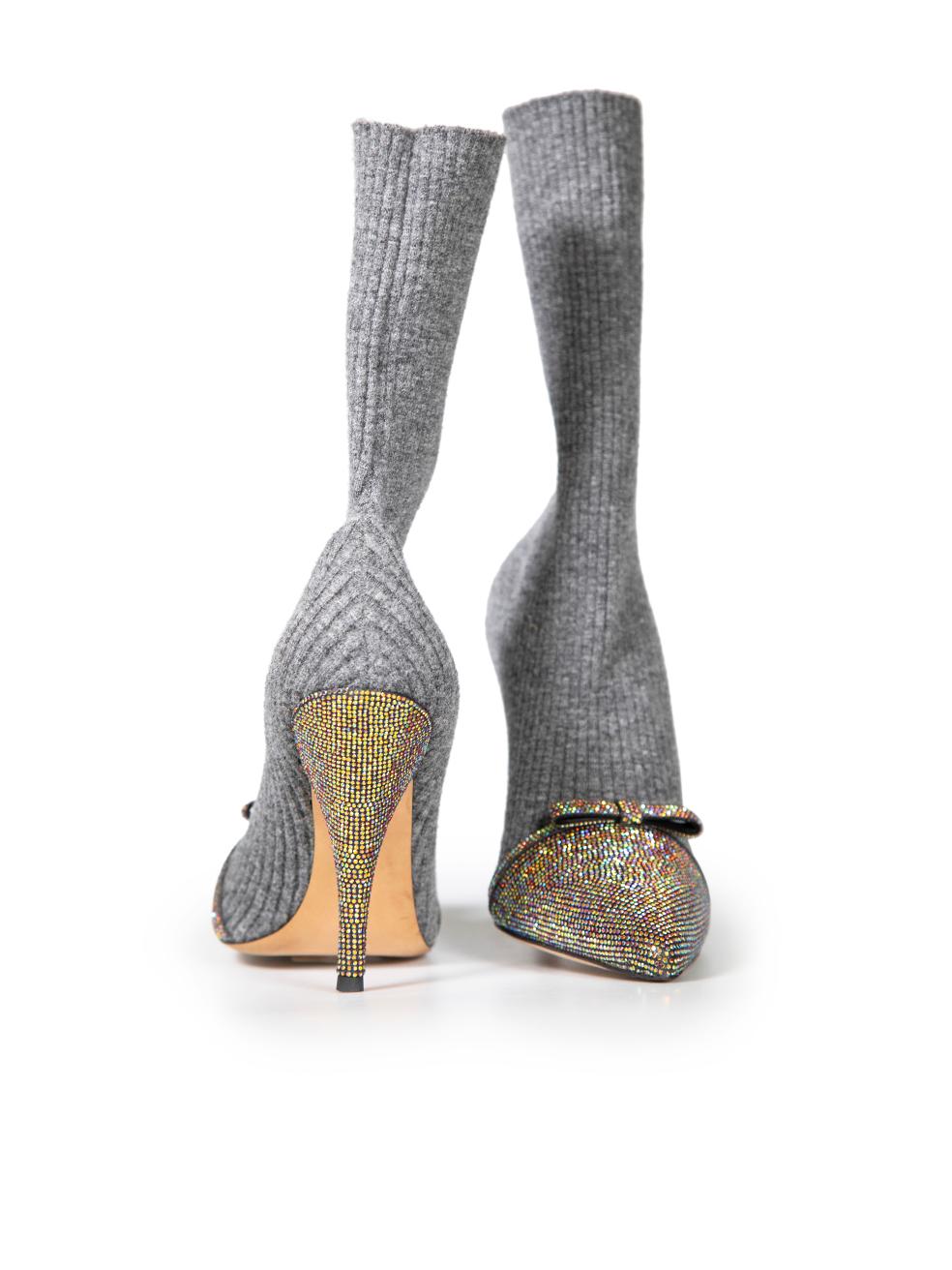 Marco de Vincenzo Grey Knit Embellished Bow Sock Boots Size IT 38.5 In New Condition For Sale In London, GB