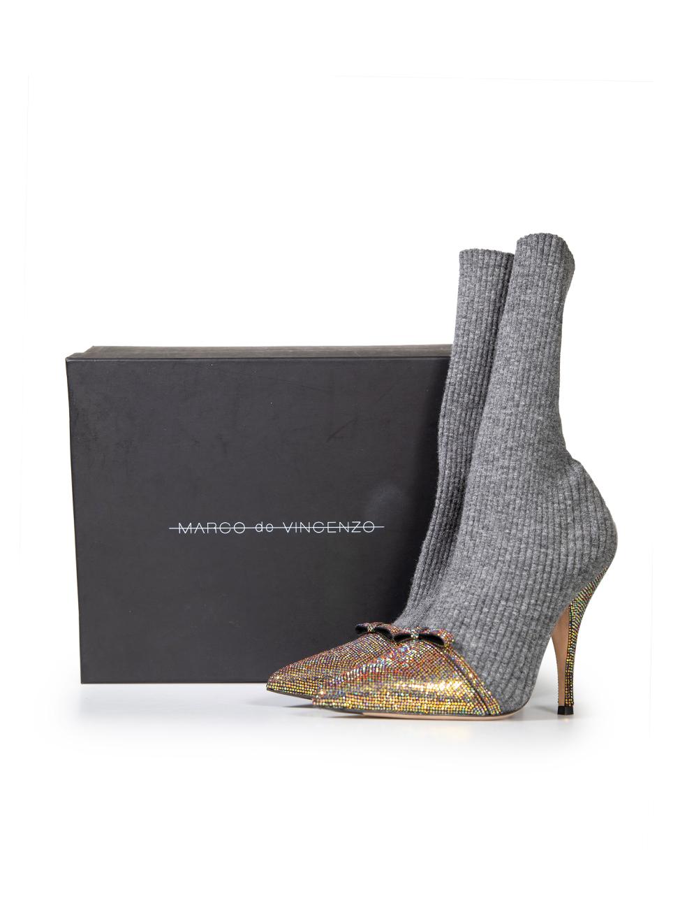 Women's Marco de Vincenzo Grey Knit Embellished Bow Sock Boots Size IT 38.5 For Sale