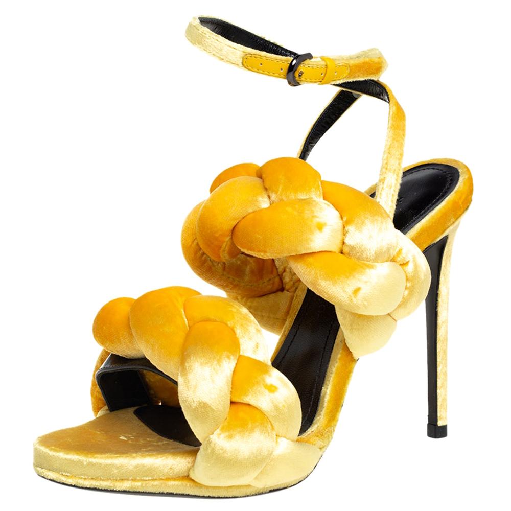 Marco De Vincenzo Sunflower Yellow Velvet Braided Ankle Strap Sandals Size 36.5