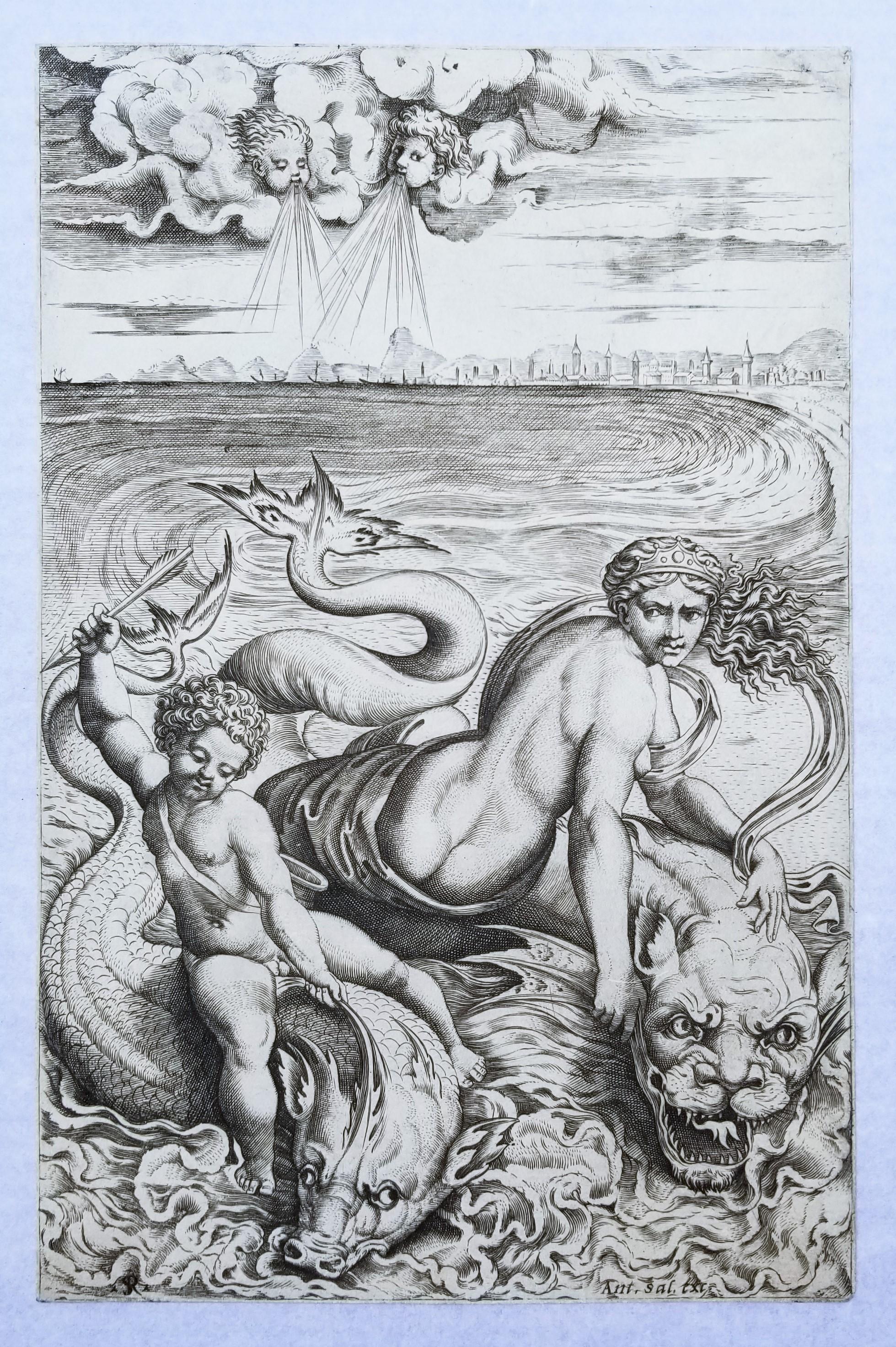 Venere e Amore sui Delfini (Venus and Cupid on Dolphins) /// Old Masters Raphael - Print by Marco Dente