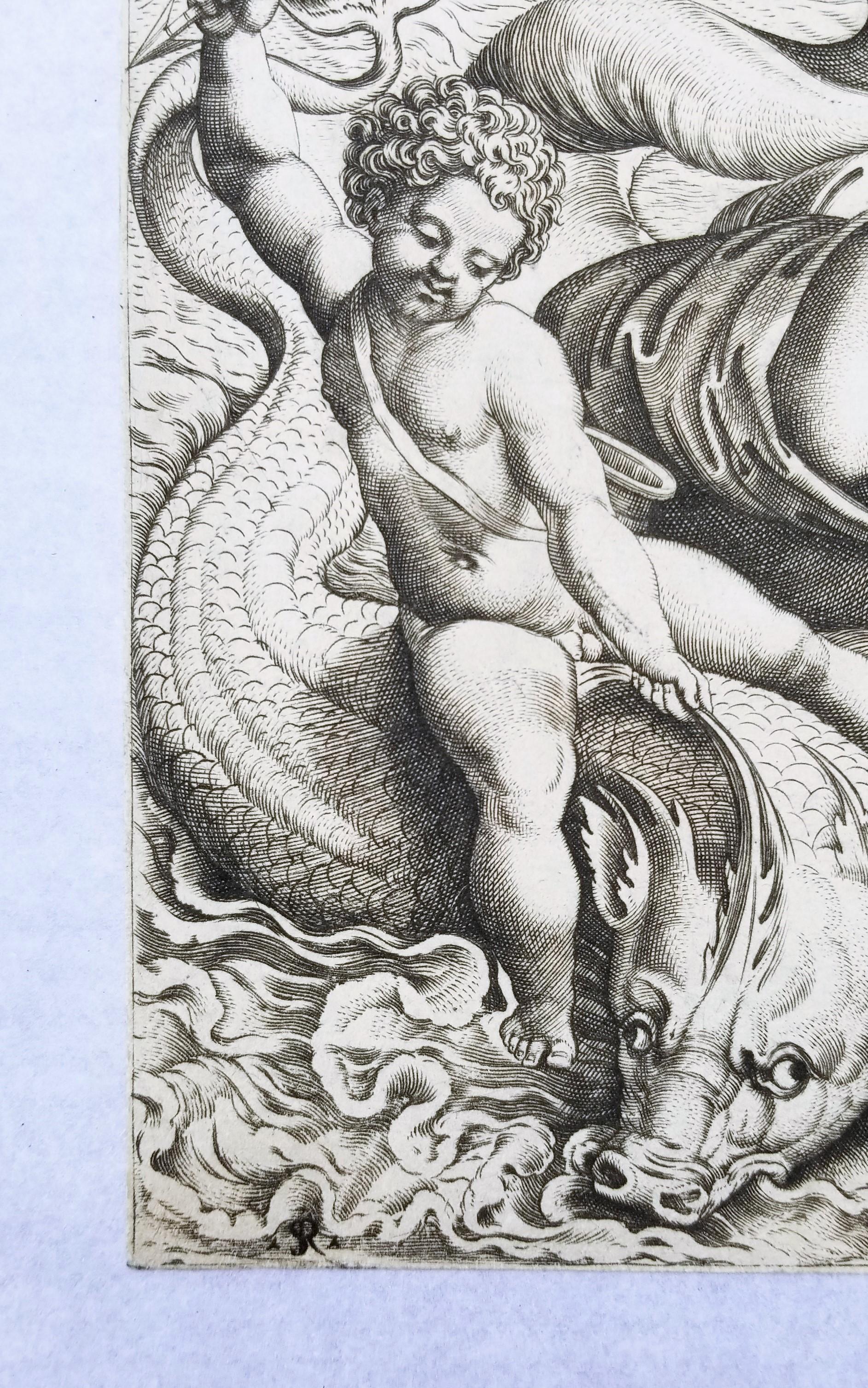 Venere e Amore sui Delfini (Vénus et Cupidon sur des dauphins) /// Maîtres anciens Raphael - Gris Nude Print par Marco Dente