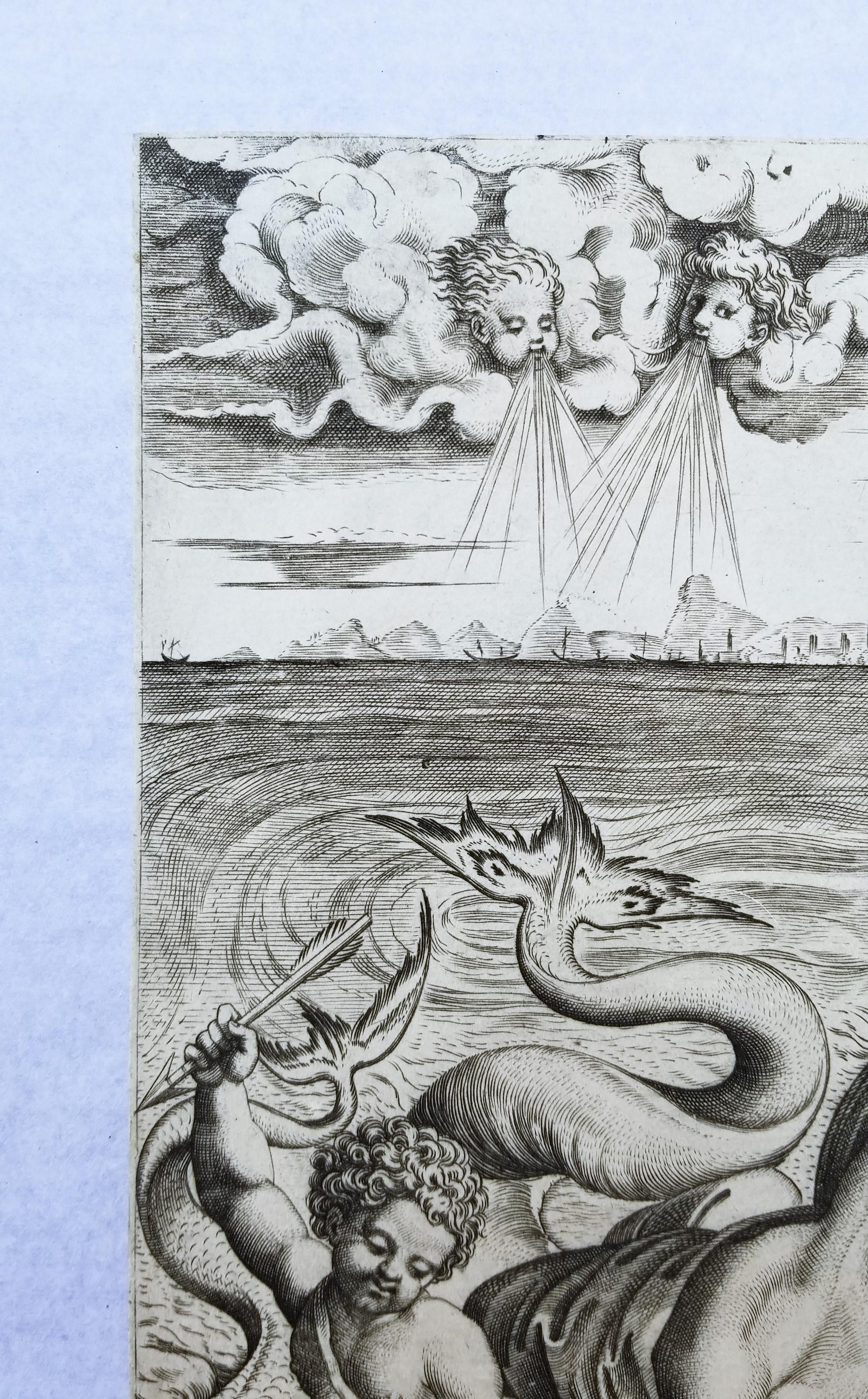 Venere e Amore sui Delfini (Venus und Amor auf Delphinen) /// Altmeister Raphael (Grau), Nude Print, von Marco Dente