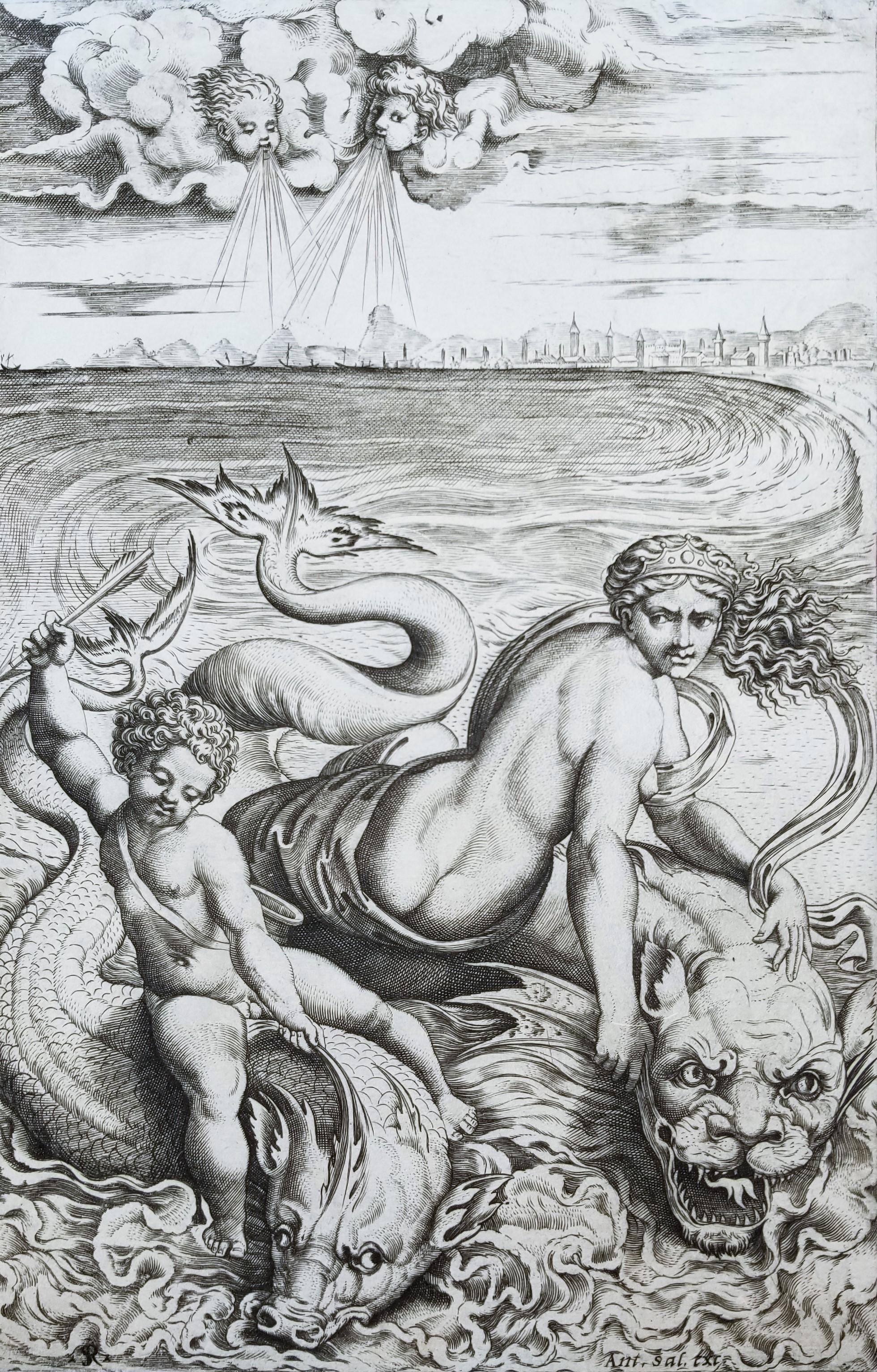 Marco Dente Nude Print - Venere e Amore sui Delfini (Venus and Cupid on Dolphins) /// Old Masters Raphael