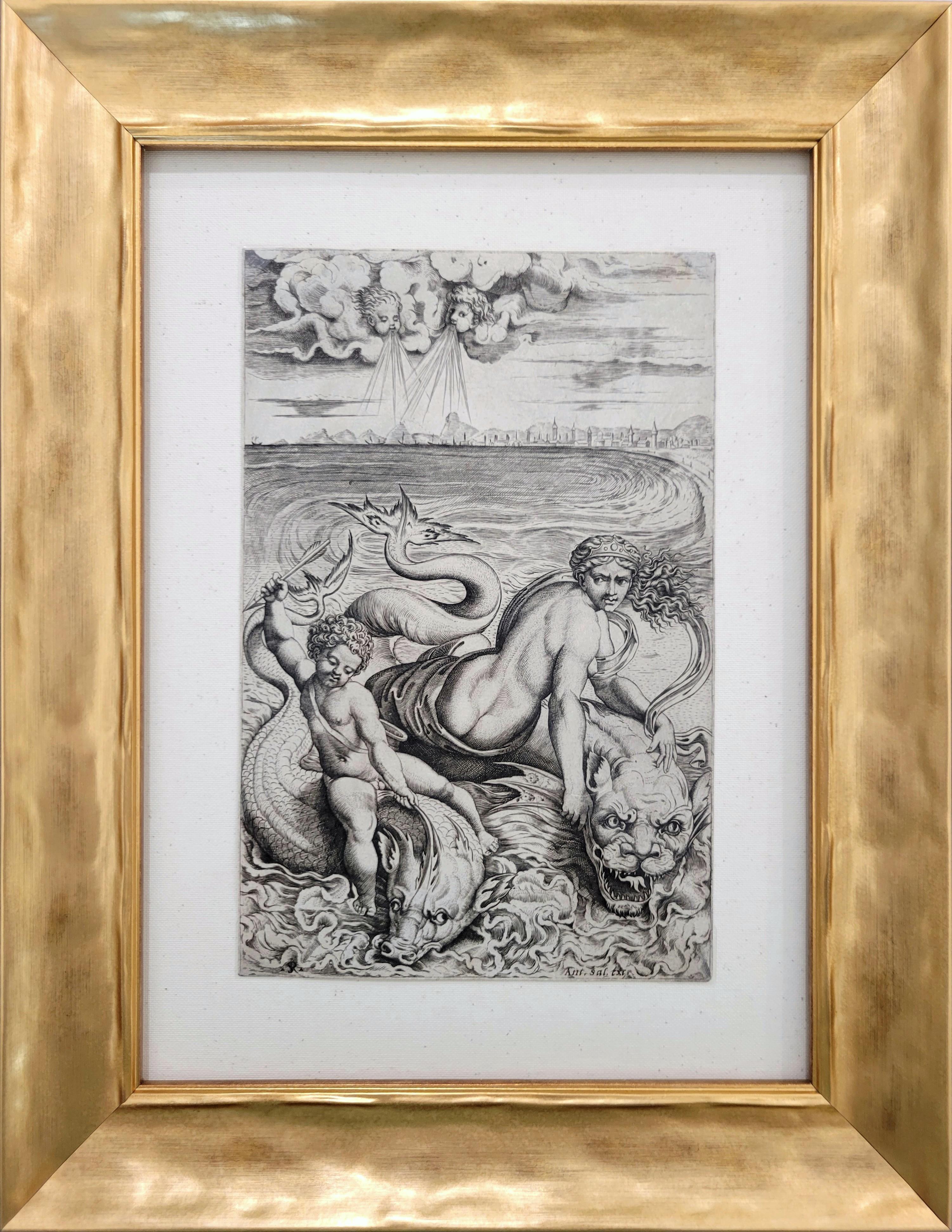 Venere e Amore sui Delfini (Venus y Cupido sobre los delfines) /// Maestros antiguos Rafael - Print Antiguos maestros de Marco Dente