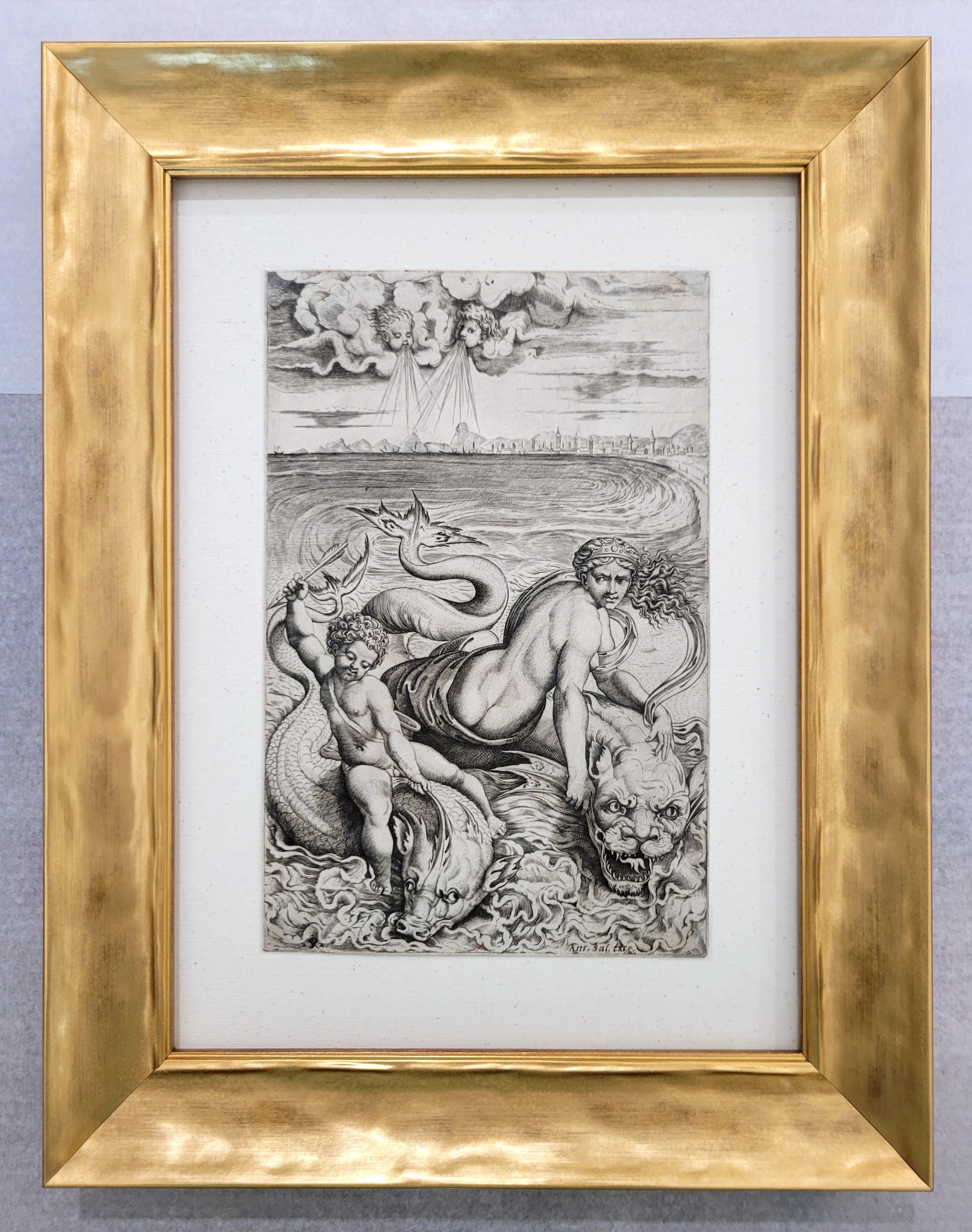Venere e Amore sui Delfini (Venus y Cupido sobre los delfines) /// Maestros antiguos Rafael - Nude Print Gris de Marco Dente