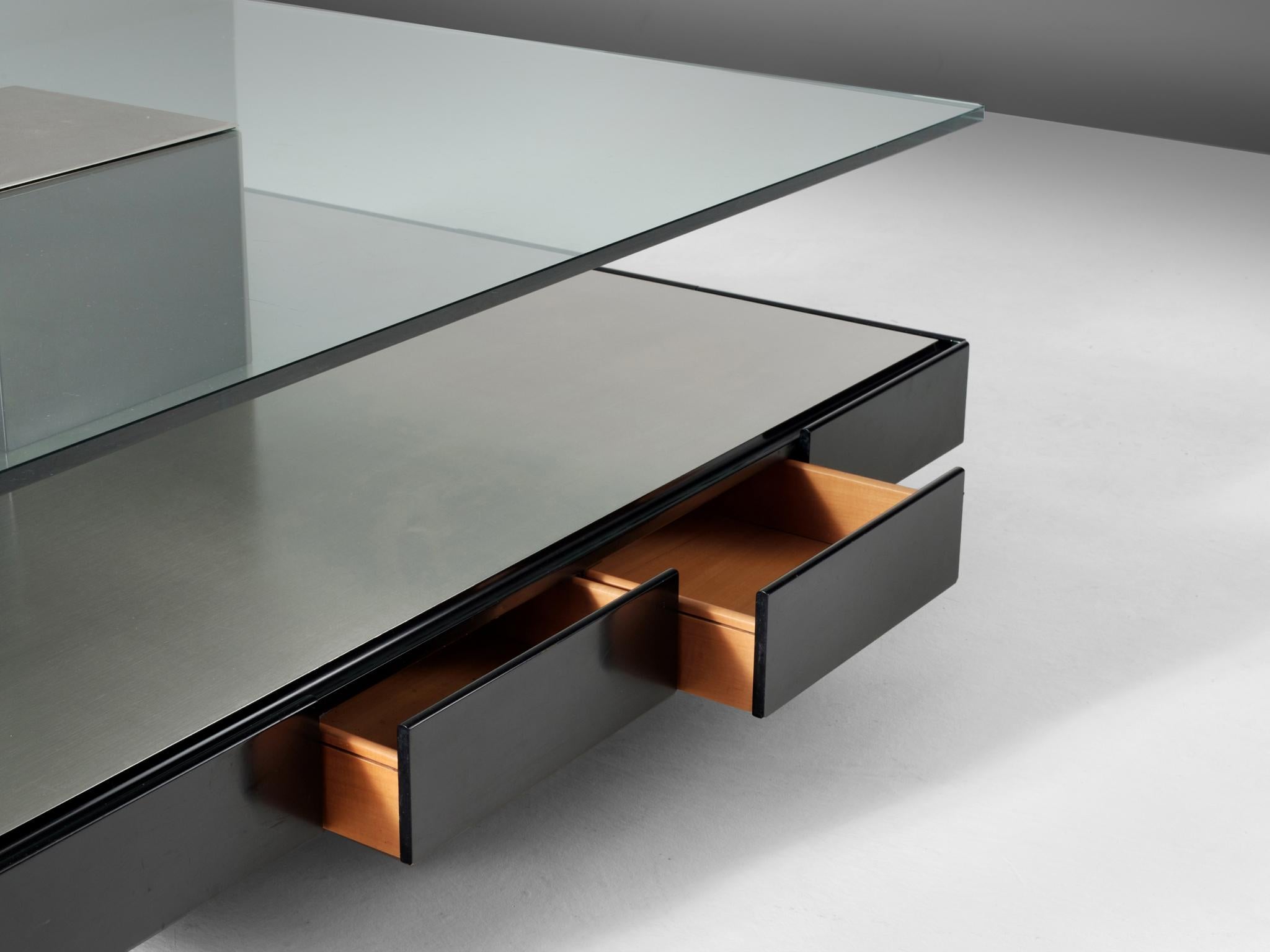 Marco Fantoni for Tecno, coffee table model T147, metal, wood and glass Italy, 1969

Minimalistic cocktail table by Italian designer Marco Fantoni for Tecno. This large table with clean and modern design consist of a raised base in wood, with satin