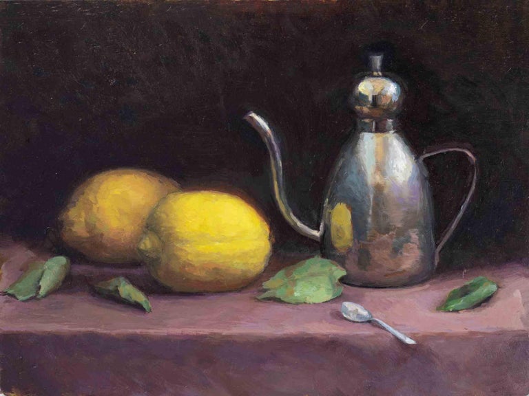 Marco Fariello - Nature morte avec des citrons, une cruche et une cuillère  à thé - Peinture à l'huile de Marco Fariello - 2020 En vente sur 1stDibs
