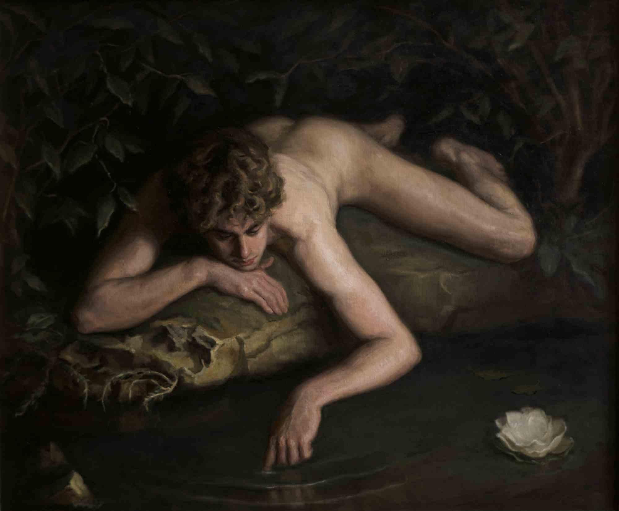 Oil painting of lying man looking for his reflection in the water. Realized by Marco Fariello in 2024.

This painting is inspired by the myth of the fall of man narrated in the Corpus Hermeticum by Hermes Trismegistus. According to the myth, man is