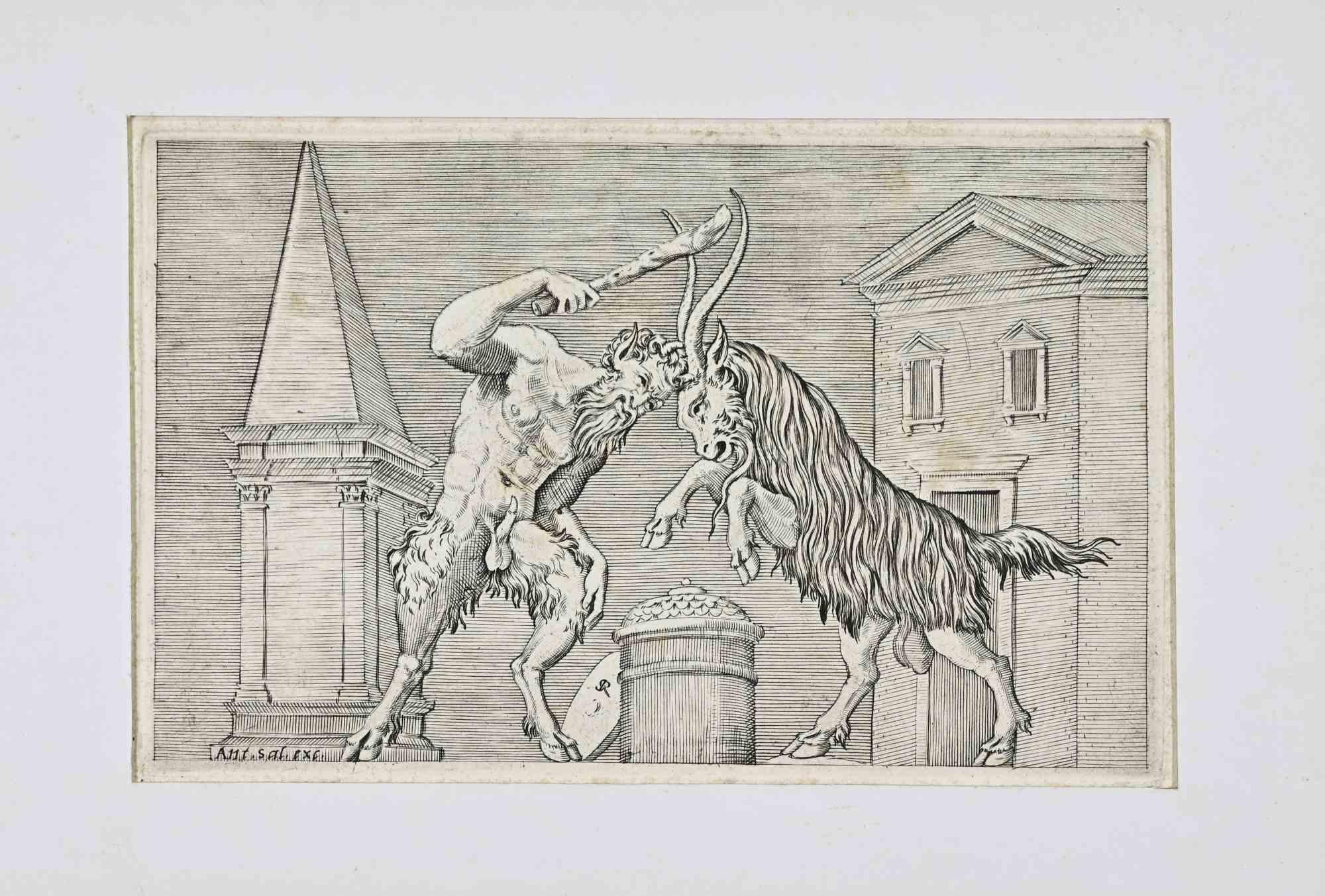 A Satyr and a Ram Clashin - Etching by Marco Gatti - 16th Century
