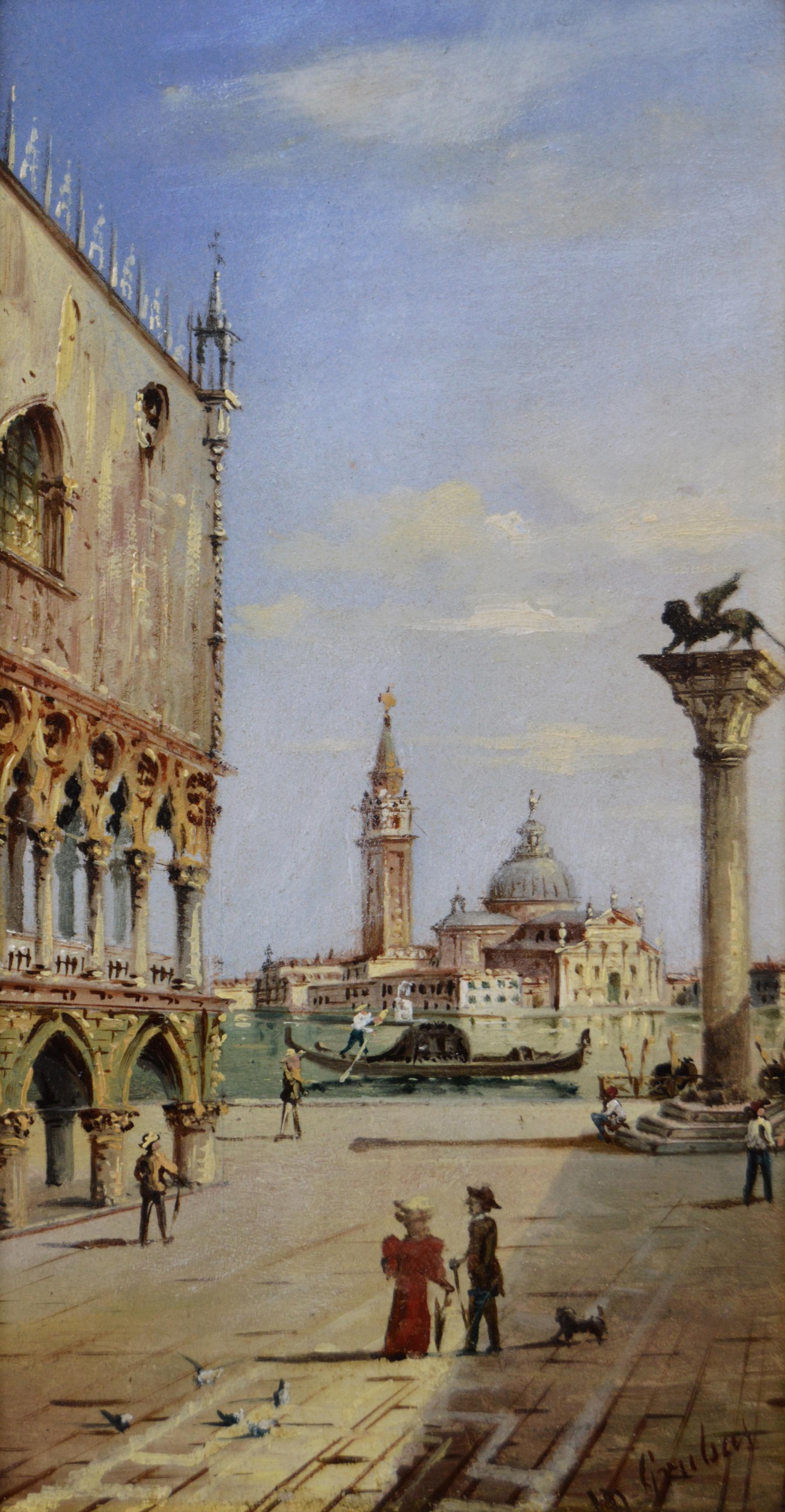 Pair of 19th Century townscape oil paintings of Venice - Brown Landscape Painting by Marco Grubacs