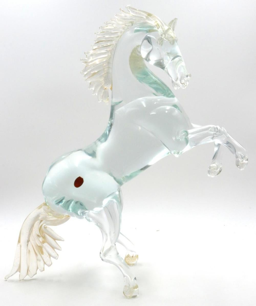 Marco Guiman Figurative Sculpture - A spectacular clear glass horse sculpture of Murano glass, with gold flecks