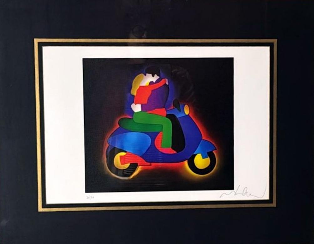 This color screenprint on paper by Marco Lodola is presented in a recently crafted frame made by a master artisan in Florence. The framer incorporated four polished mirrors along the edges of the flat moulding, each angled outward, and finished both