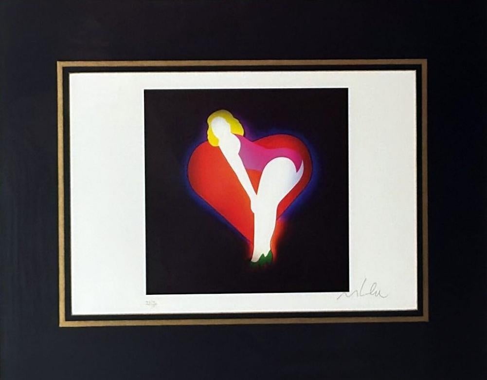 The frame housing this color silkscreen on paper by Marco Lodola was recently crafted by a master Florentine artisan. The framer added four gleaming mirrors along the flat perimeter, each slightly angled outward, and finished both the outer surface