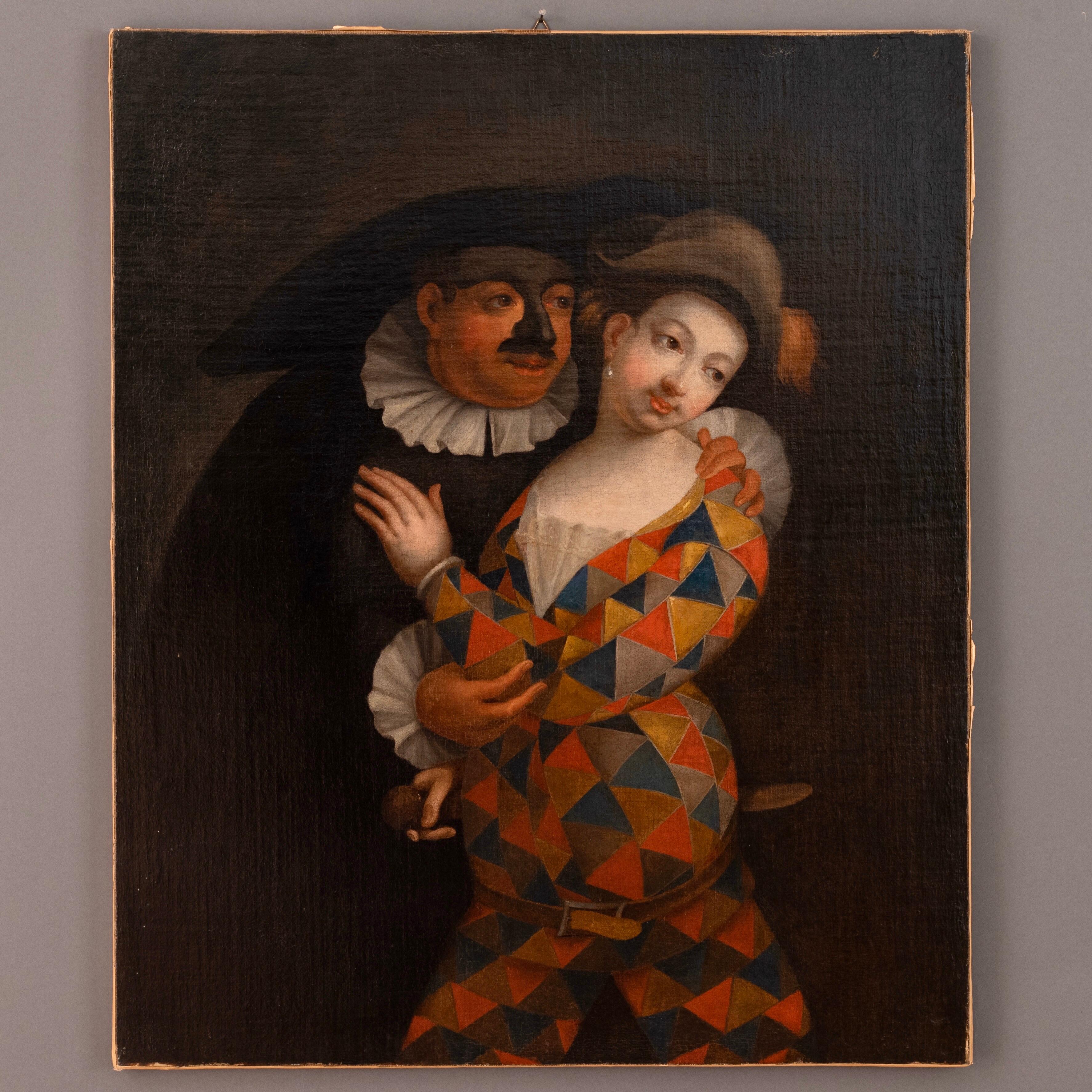 Neoclassical Marco Marcola Painting of Venitian Masked Scene