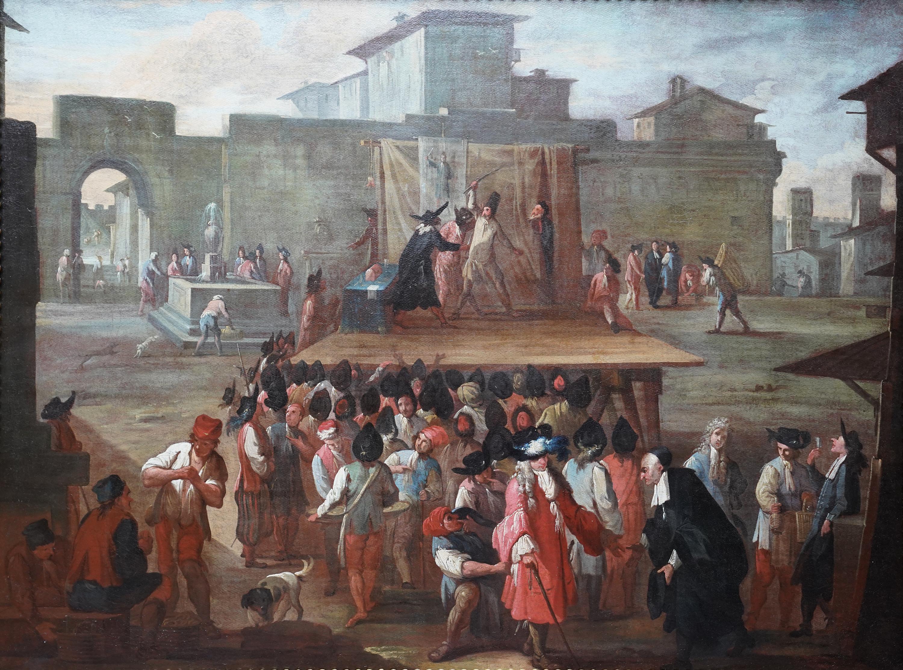 Travelling Comic Theatre - Italian 18thC art figurative landscape oil painting - Painting by Marco Marcola