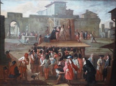 Travelling Comic Theatre - Italian 18thC art figurative landscape oil painting