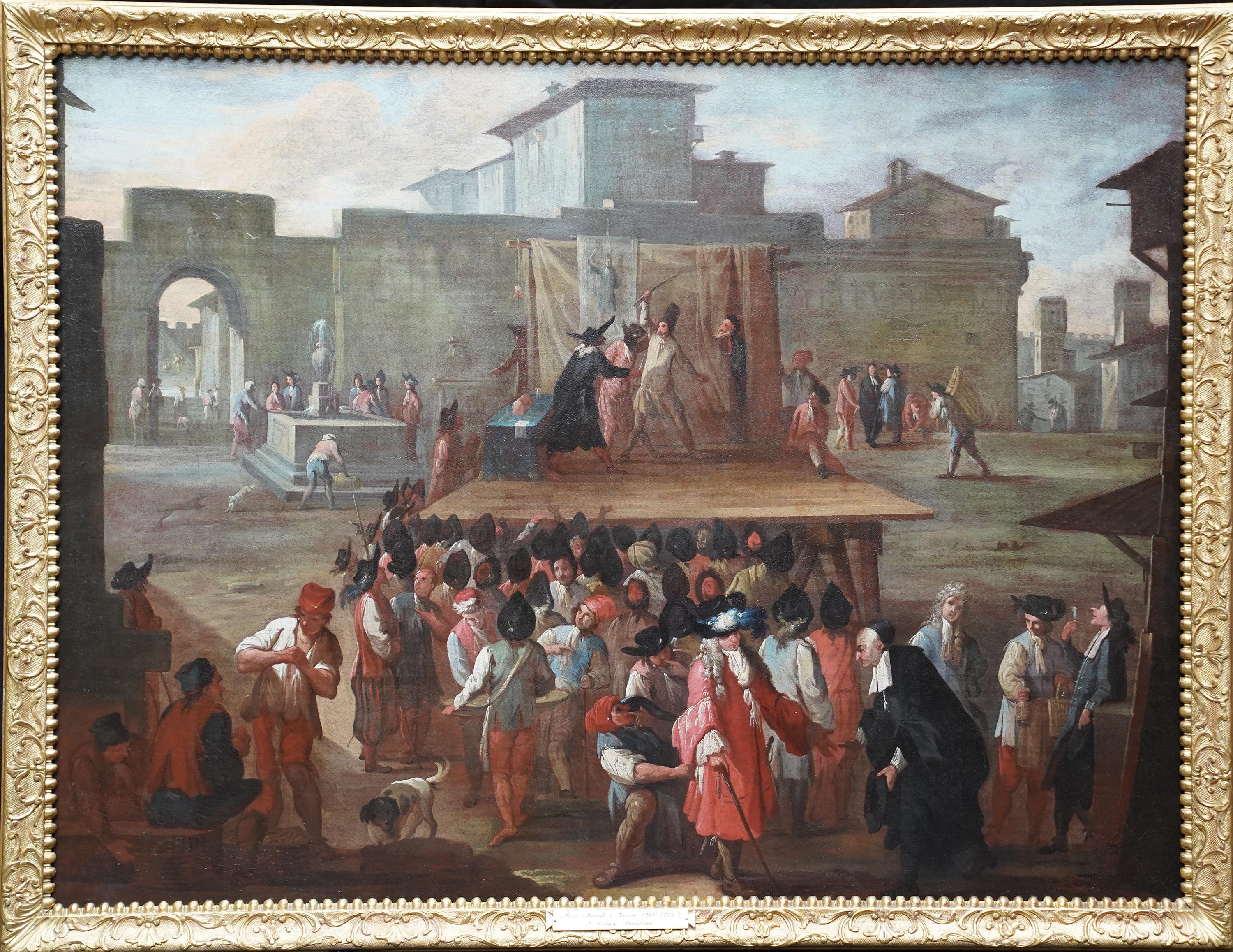 Théâtre comique itinérant - peinture à l'huile figurative italienne du 18e siècle
