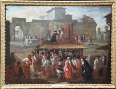 Teatro cómico ambulante - Pintura al óleo de paisaje figurativo del arte italiano del siglo XVIII