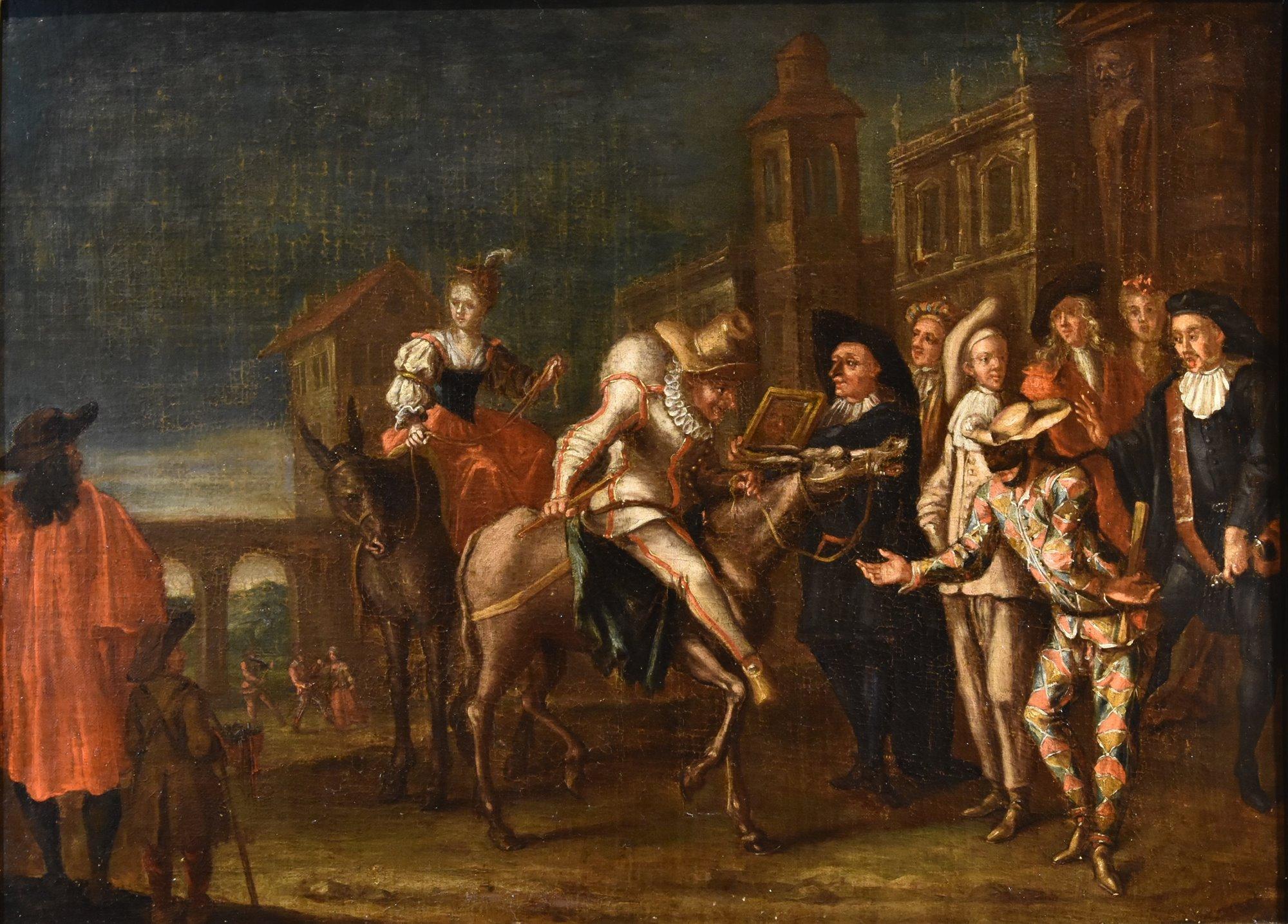 Karneval IVenice Harlekin Landschaft Marcola malen 18. Jahrhundert Öl auf Leinwand – Painting von Marco Marcola (Verona, 1711 - 1780)