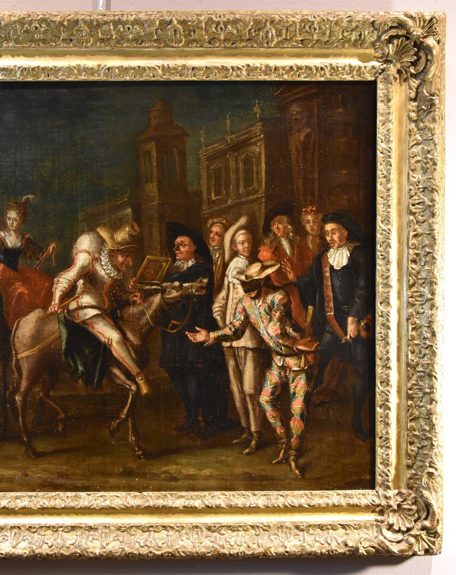 Karneval IVenice Harlekin Landschaft Marcola malen 18. Jahrhundert Öl auf Leinwand (Alte Meister), Painting, von Marco Marcola (Verona, 1711 - 1780)