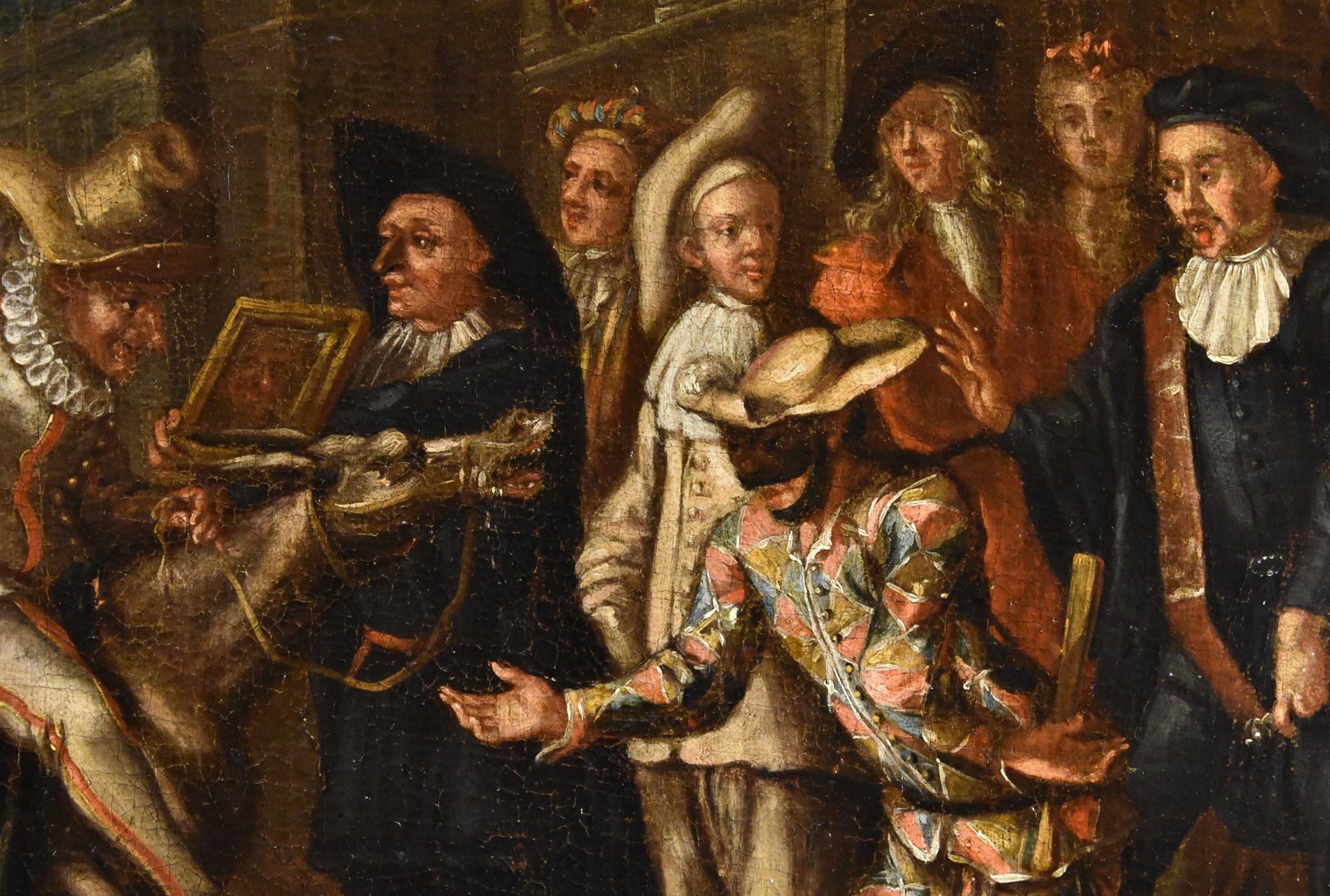 Marco Marcola (Verona, 1711 - 1780) 

Karnevalsszene mit Masken aus der Commedia dell'arte mit Harlekin  

Öl auf Leinwand, 60 x 82 cm Im Rahmen 77 x 100 cm  

Die Leinwand spiegelt typische venezianische Stilmerkmale wider, und das Thema und der