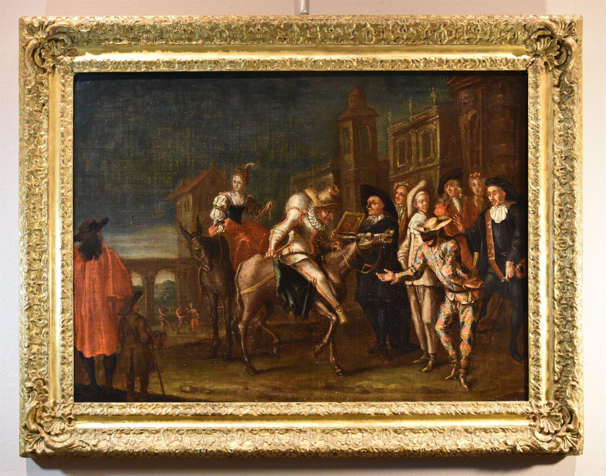 Carnaval IVenice Arlequin Paysage Marcola peinture 18e siècle Huile sur toile