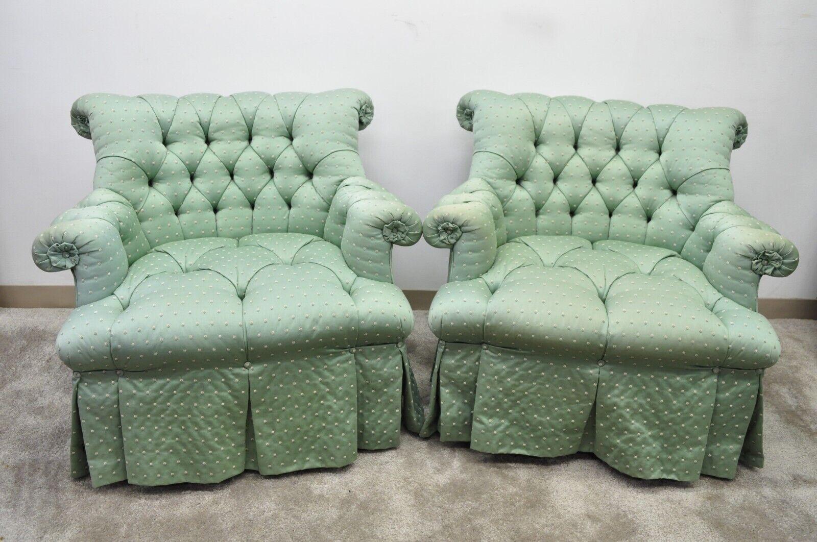Marco Napoleon III Style Green Tufted Swivel Lounge Chairs and Ottomans, a Pair 7