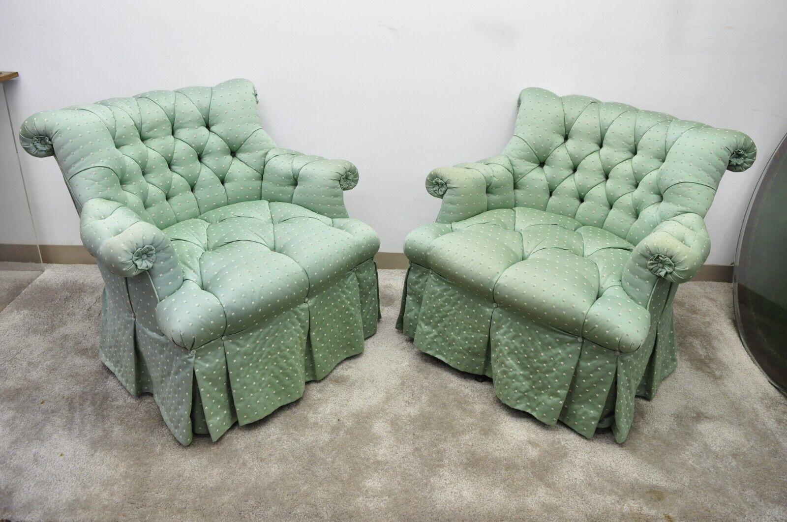 MarCo Napoleon III Style green tufted swivel lounge chairs and Ottomans - a Pair. Item features (2) chairs, (2) ottomans, swivel and tilt frames, green tufted upholstery, skirted base, rolled arms and back, ottomans with wooden legs, original label,
