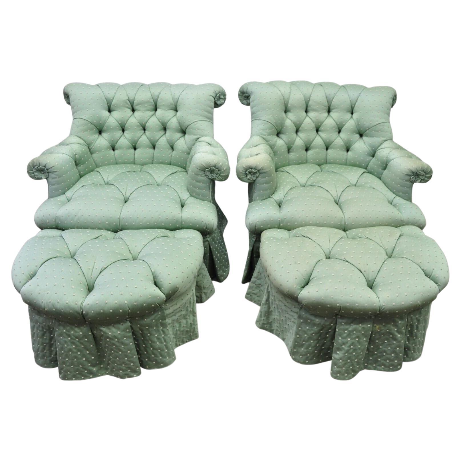 Marco Napoleon III Style Green Tufted Swivel Lounge Chairs and Ottomans, a Pair