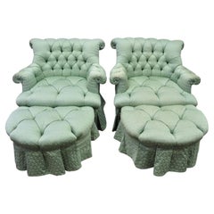 Marco Napoleon III Style Green Tufted Swivel Lounge Chairs and Ottomans, a Pair