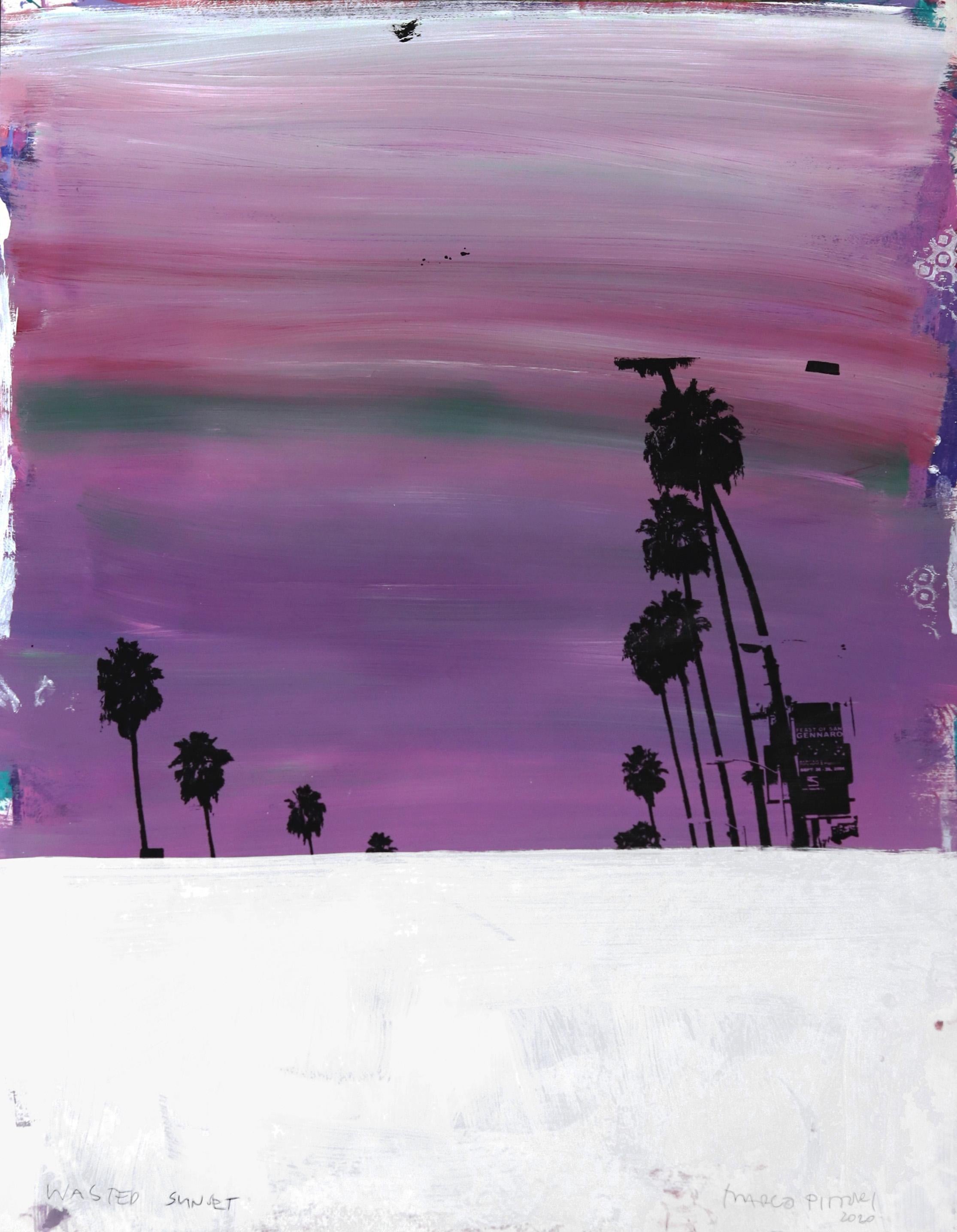 Figurative Photograph Marco Pittori - Wasted Sunset Smoggy Purple - Vibrant Palm Tree Pop Photography Art