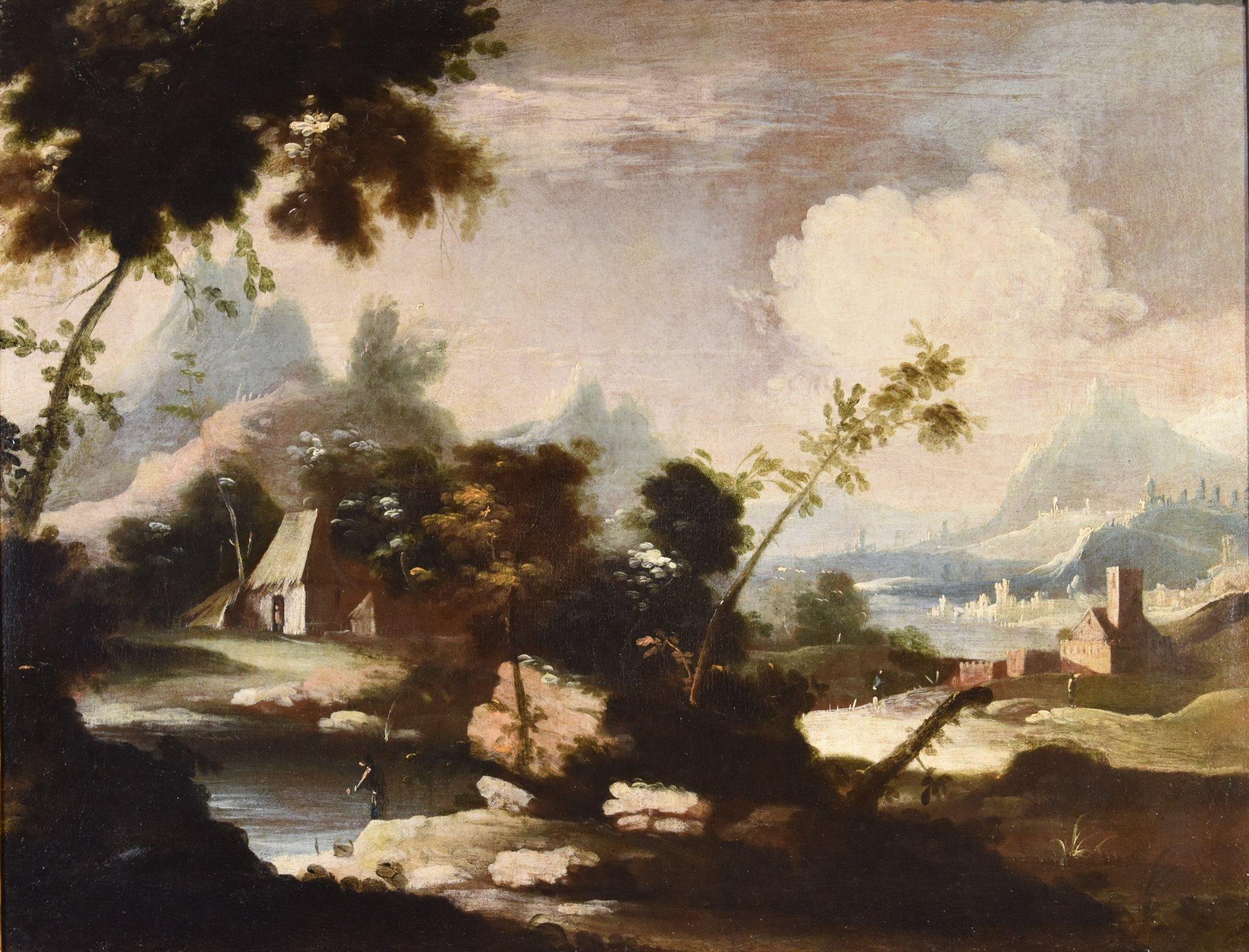 Landschaften Ehepaar Ricci Gemälde 18. Jahrhundert Öl auf Leinwand Alter Meister Italien (Alte Meister), Painting, von Marco Ricci (Belluno 1676 – Venice 1730)