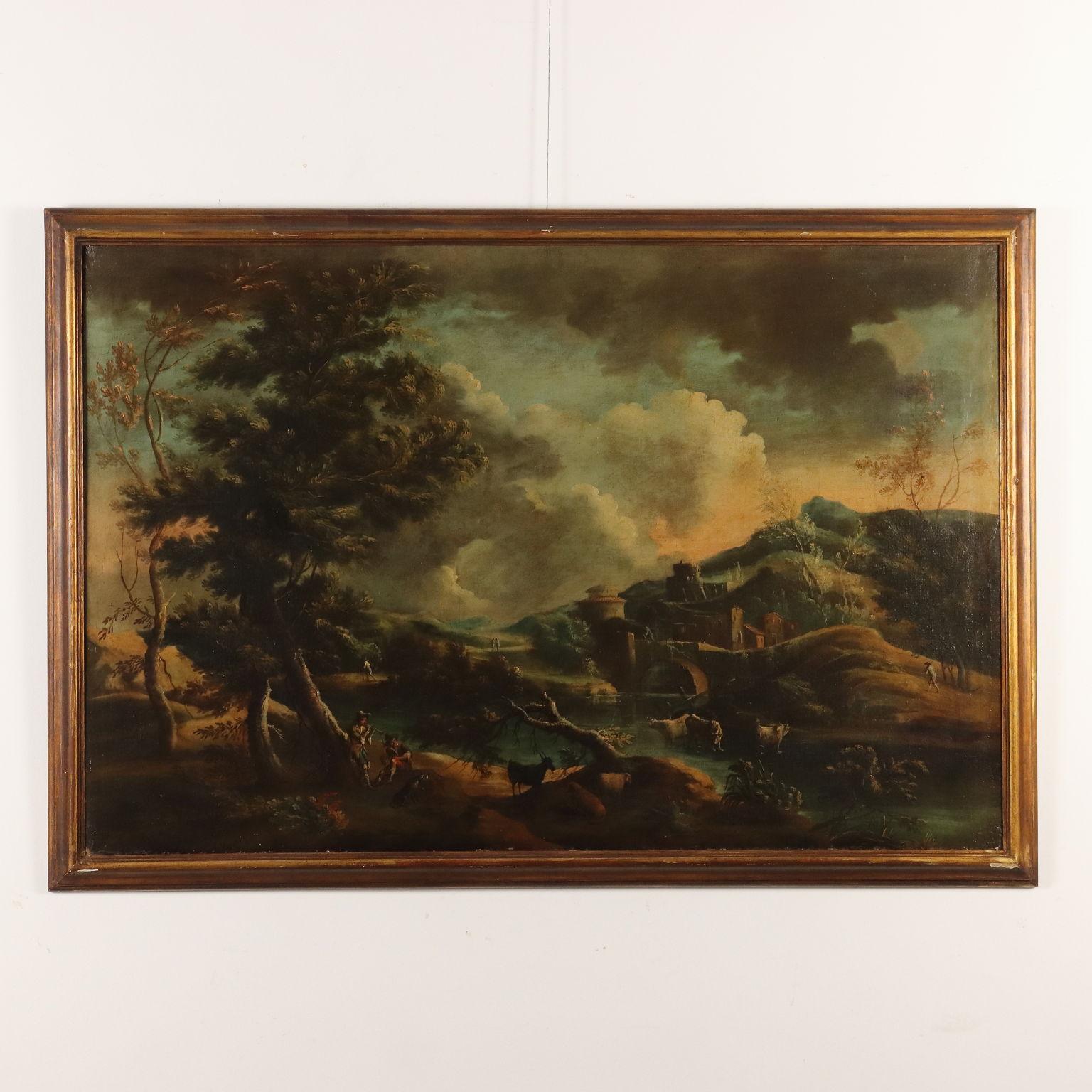 Landschaft mit Wasserlauf und Schafhirten – Painting von Marco Ricci (Belluno 1676 - Venice 1730)