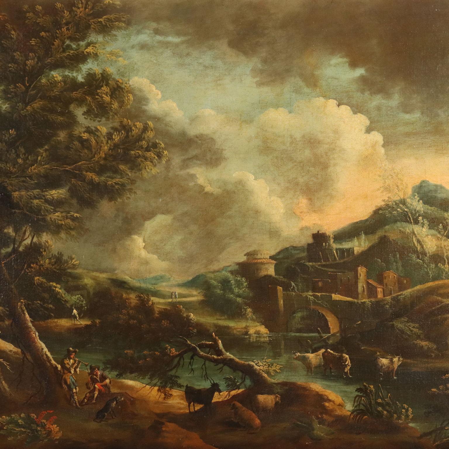 Landschaft mit Wasserlauf und Schafhirten (Brown), Landscape Painting, von Marco Ricci (Belluno 1676 - Venice 1730)