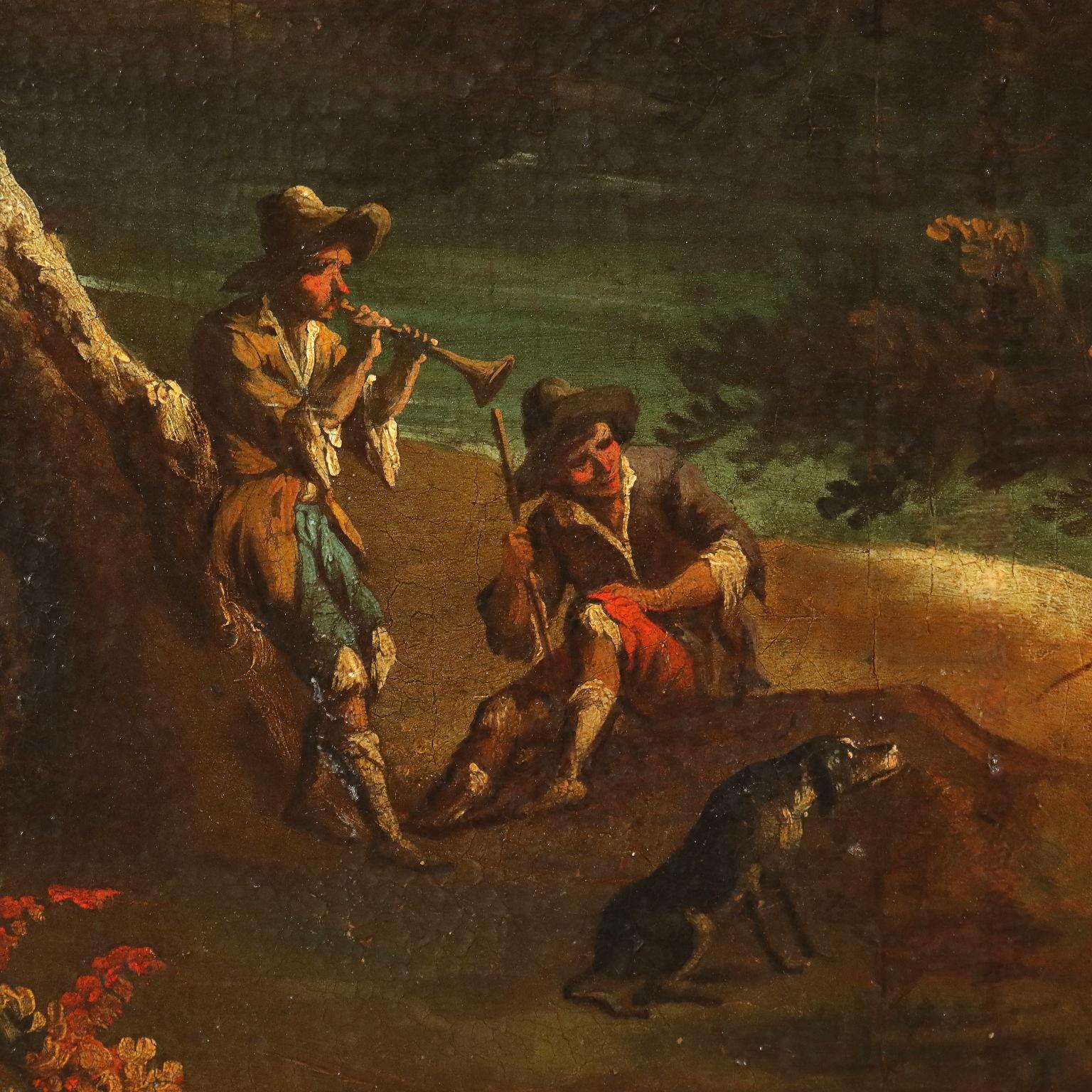 Öl auf Leinwand.
In einer grünen Hügellandschaft, durch die ein Bach fließt, sitzen einige Hirten zwitschernd im Schatten der Bäume, während sie ihre Herde beim Tränken beobachten. Am Himmel ziehen dichte dunkle Wolken auf.
Der Stil erinnert an die