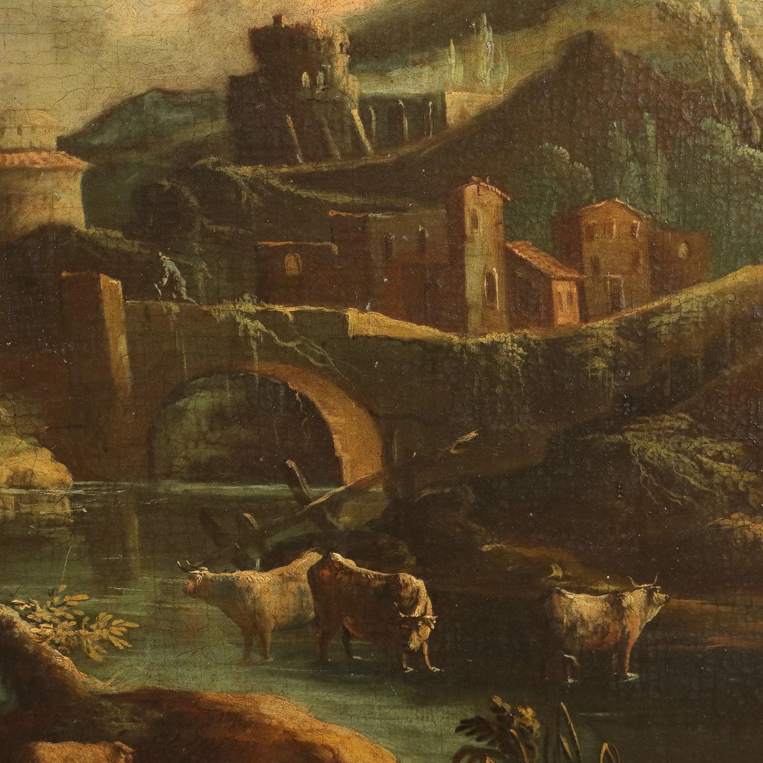 Landschaft mit Wasserlauf und Schafhirten im Angebot 3