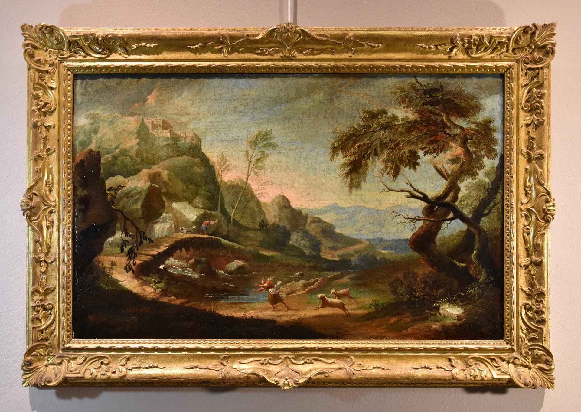 Coppia di paesaggi arcadici Ricci Dipinto del XVIII secolo Olio su tela Vecchio maestro Italia - Painting di Marco Ricci (Belluno 1676 - Venice 1730)