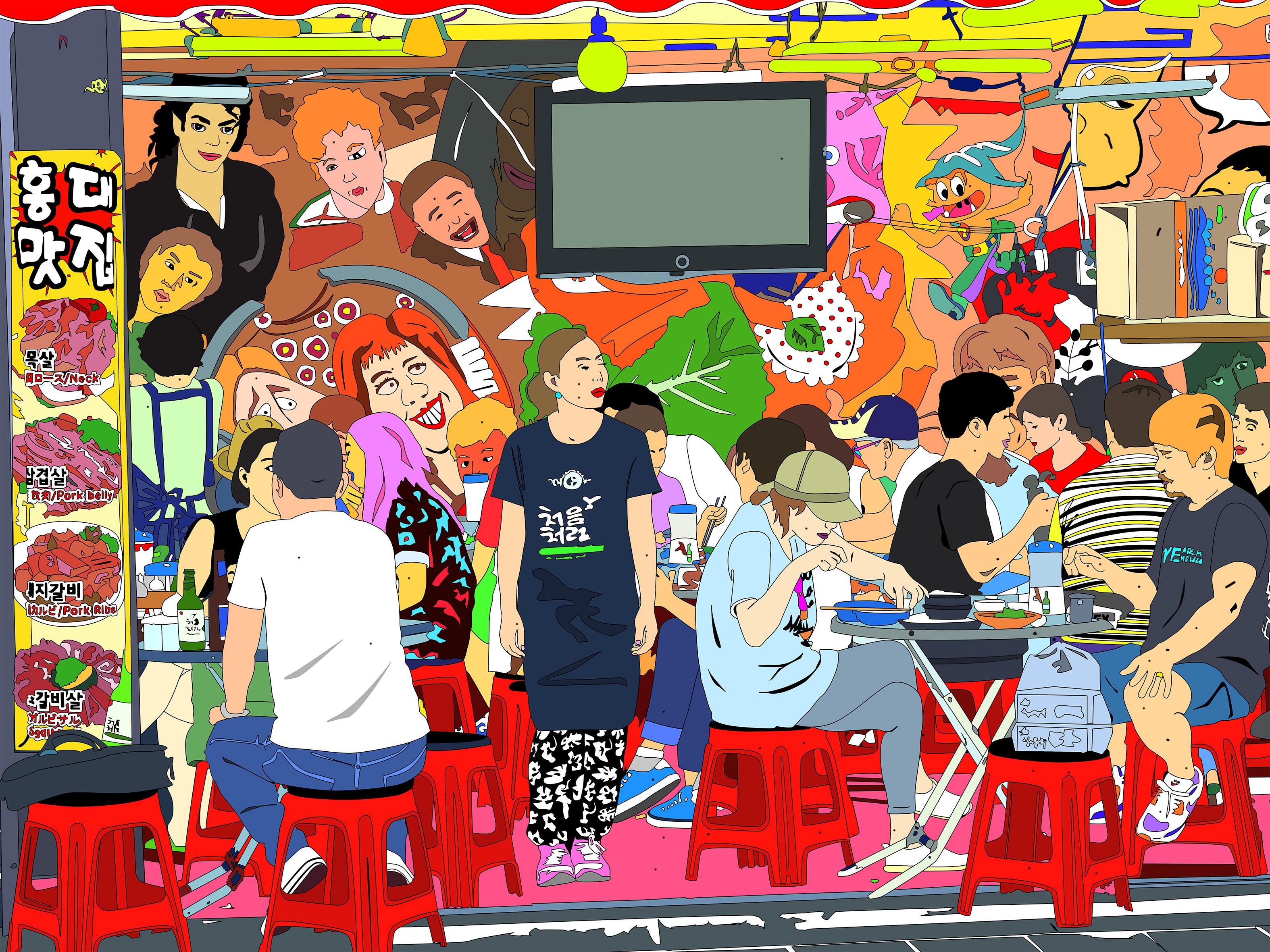 Arte contemporáneo italiano de Marco Santaniello - Comer en la zona universitaria de Hongik